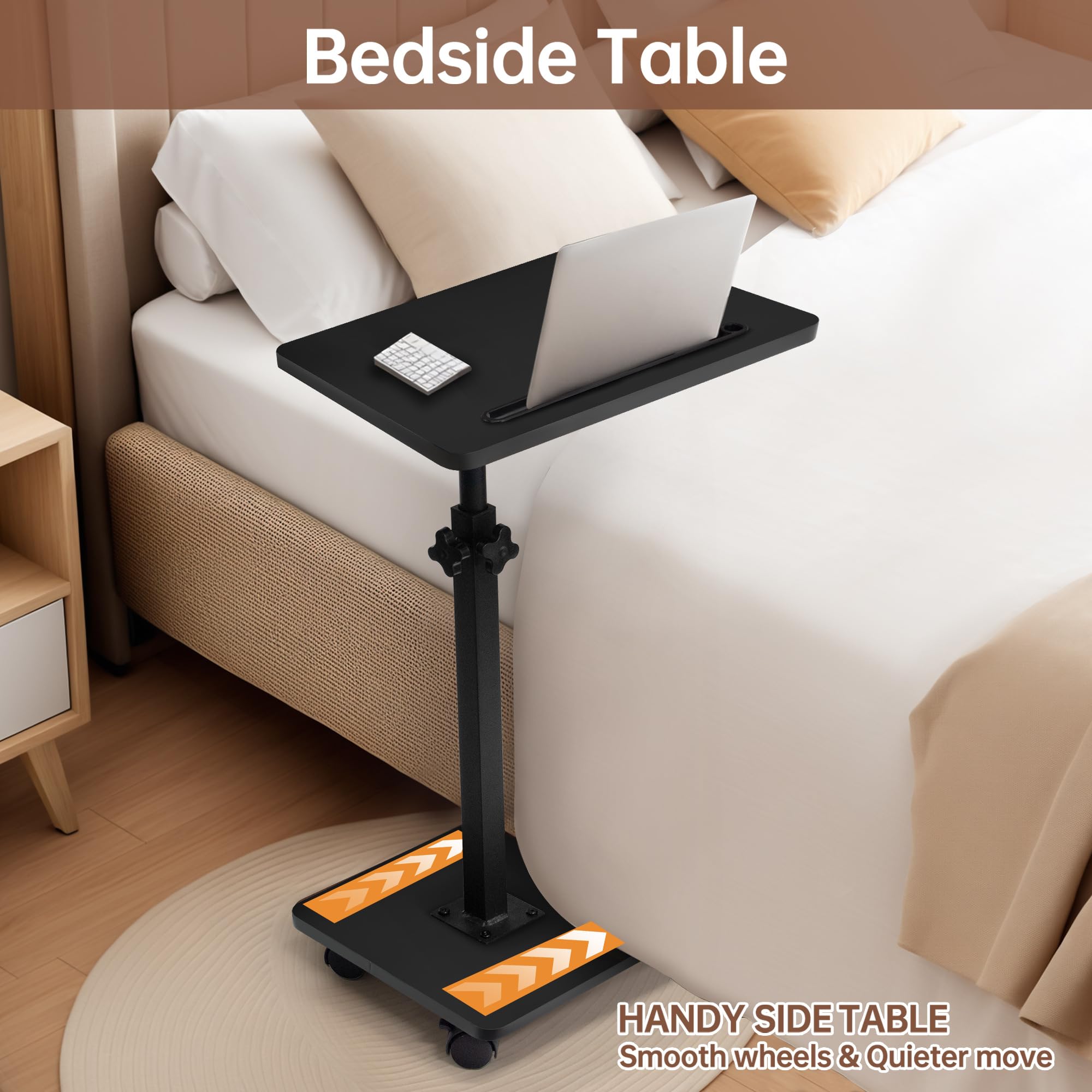 Mesa auxiliar en forma de C con ruedas, mesa auxiliar giratoria de 360° de altura ajustable, bandeja de TV, mesa de sala de estar, dormitorio, bandeja de brazo para cama, silla con ranura