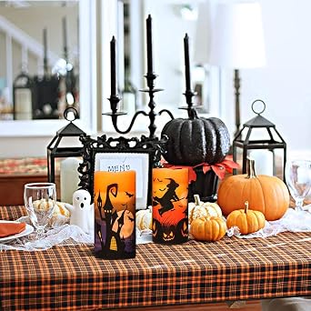 Halloween LED Flameless Pillar Candles Battery Operated with 6 Hour Timer Set of 3 Orange Wax Warm Light Flickering Witch Bats Castle Spooky Decals Halloween Decor Gifts(3 x 6 Inch)