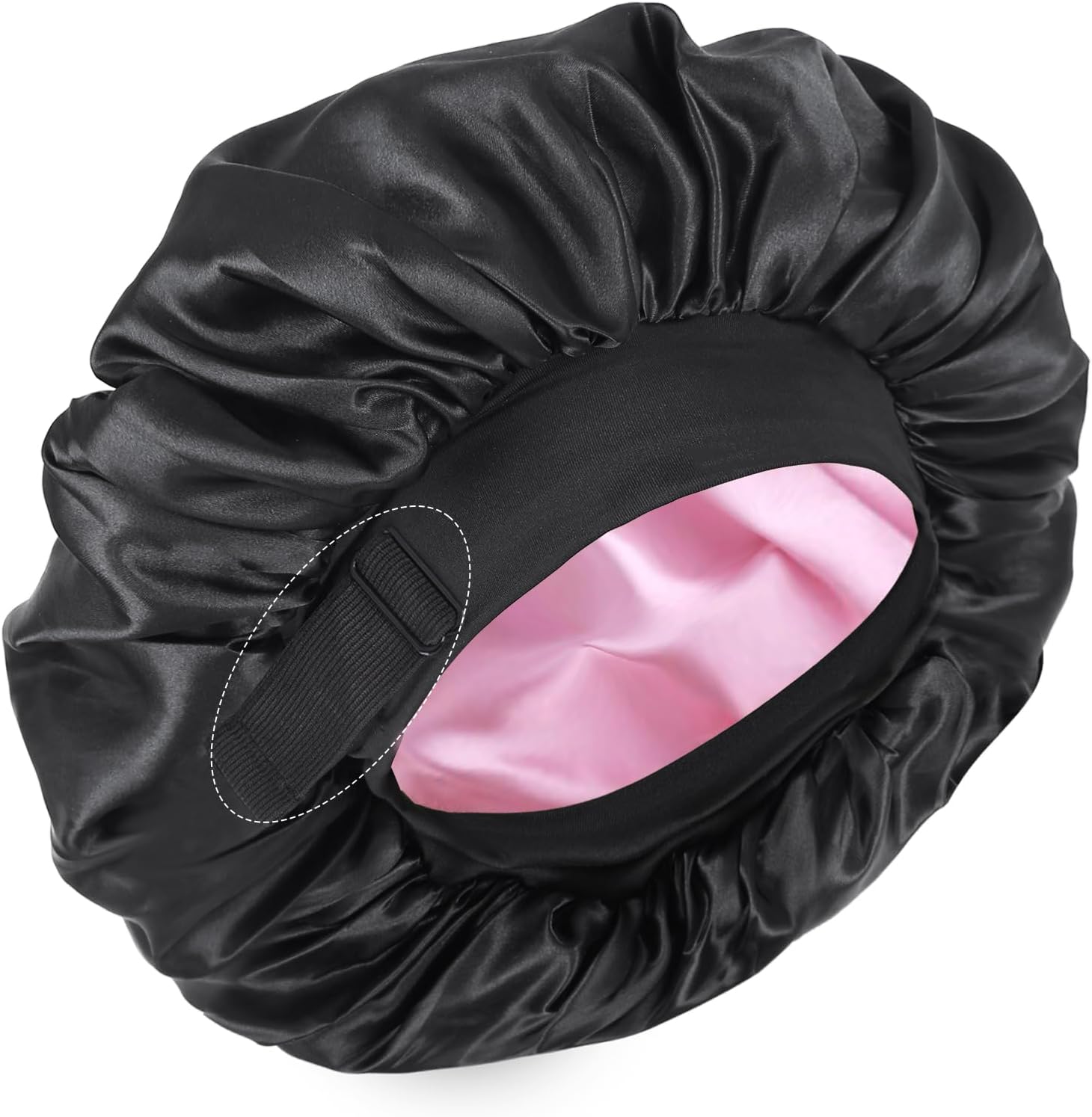 Silk Bonnet for Sleeping Double Layer Satin Bonnet Adjustable Bonnets for Black Women Sleep Cap Reversible Hair Bonnet for Curly Hair Shower Caps(Black and Pink)
