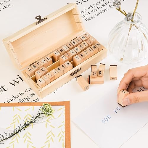 Miniatura 2 de Sellos de letras, juego de 42 piezas de alfabeto de goma con estuche de almacenamiento, números vintage y mini sellos de símbolos para manualidades,