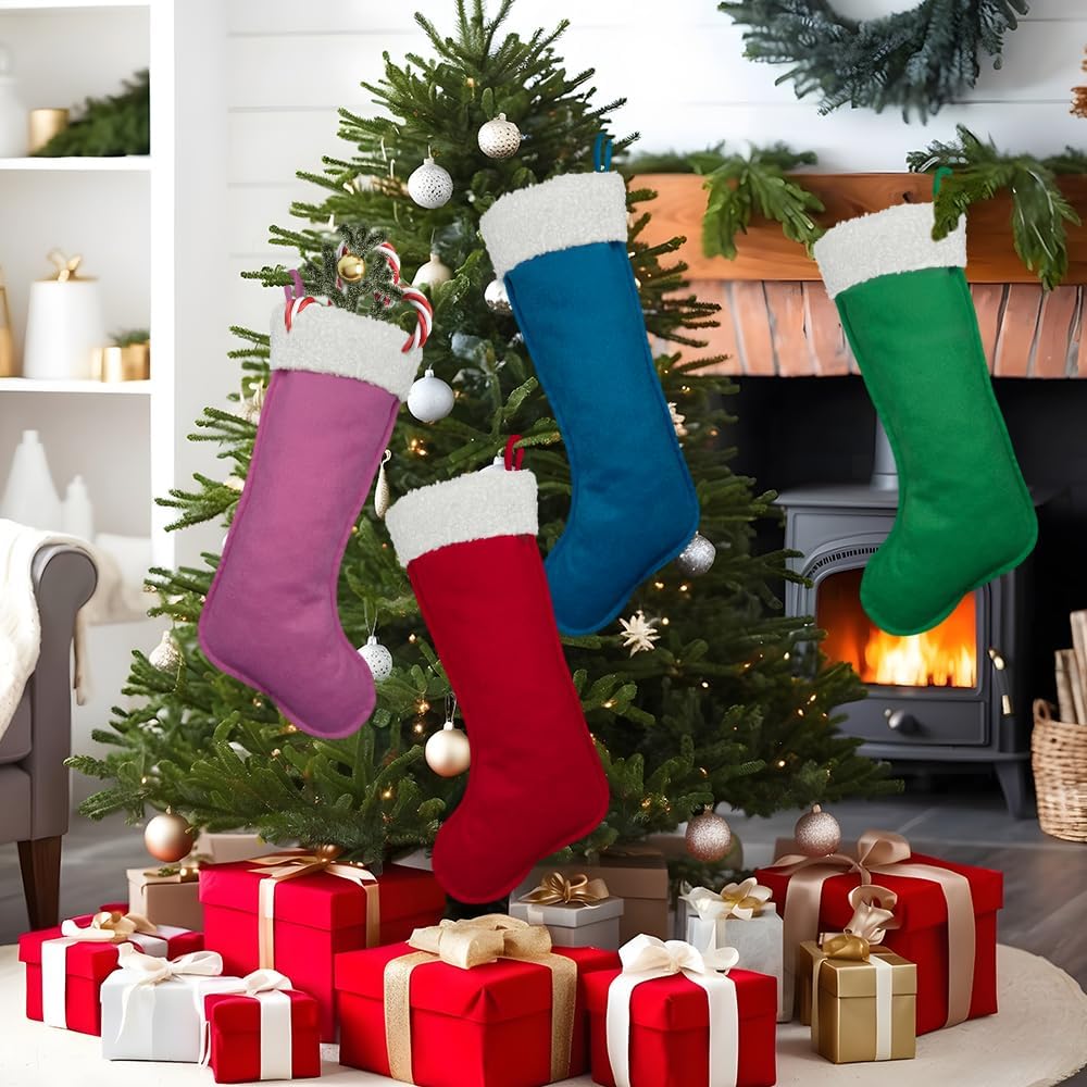 4 Pack Christmas Stockings 20 Inches Large Merry Christmas Stocking Holiday Party Decor Hanging Tree Fireplace Mantle Ornaments Decorations (4, Multi-Large)