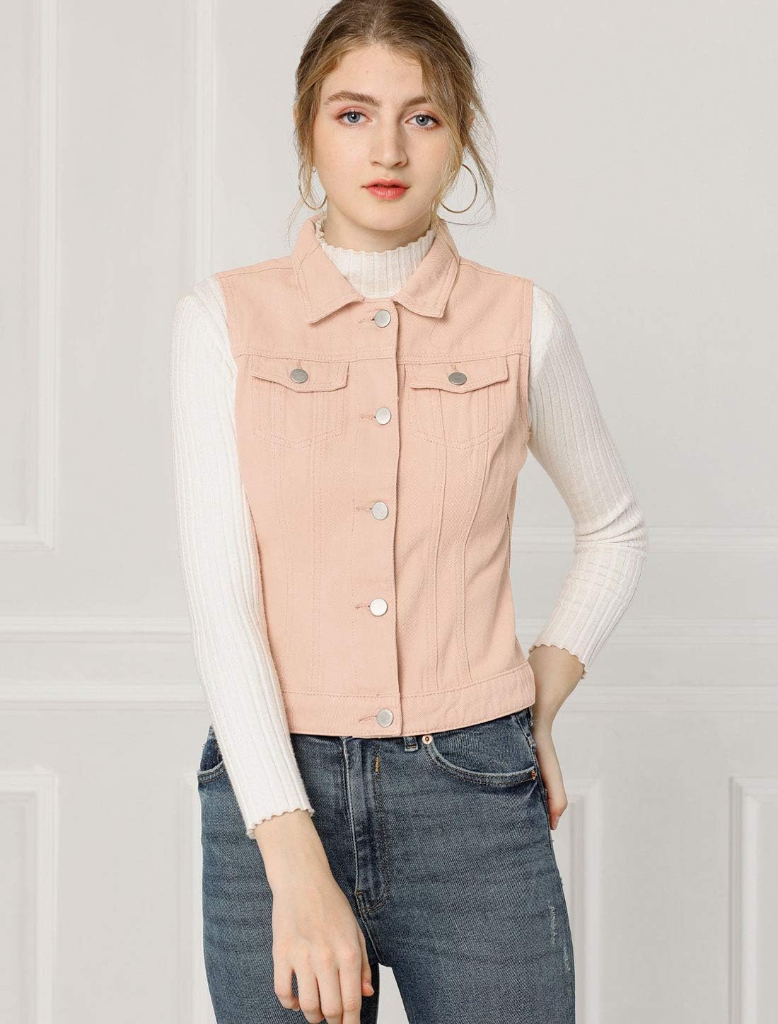 Allegra K Women's Buttoned Washed Denim Vest Jacket W Chest Flap Pockets - Image 3