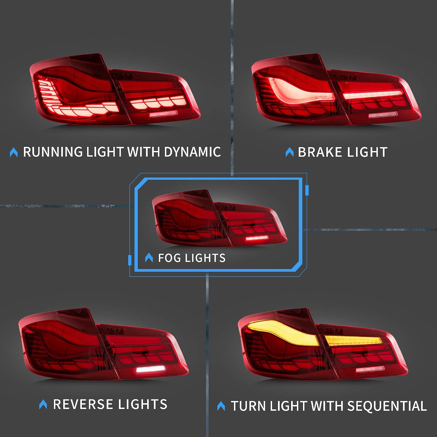 VLAND OLED Tail Lights Compatible with 5-series BMW F10 2011-2017 and Alpina B5/D5 Bi-Turbo 2012-2016 w/Sequential w/Dynamic Animation Running Dragon Scale Passenger&Driver Sides (Red Styles)