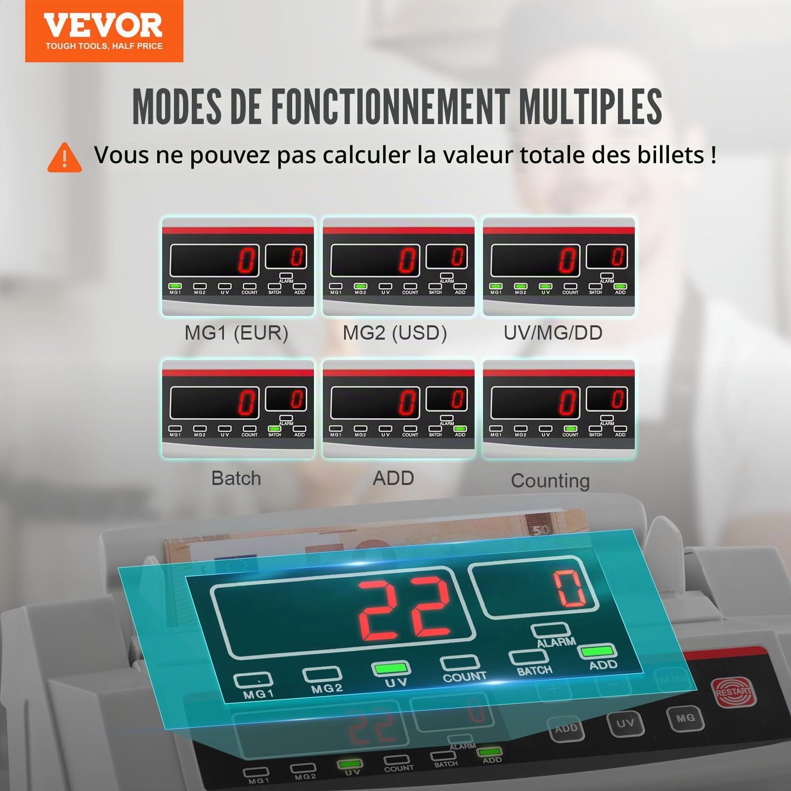 VEVOR Compteuse de Billets Professionnelle USD/EUR/GBP, Détecteur de Faux Billets par UV MG Contrefaçon, Vitesse >1000 PCs/min, Compteuse de Billets Trieuse Portable avec Affichage Banque Blanc
