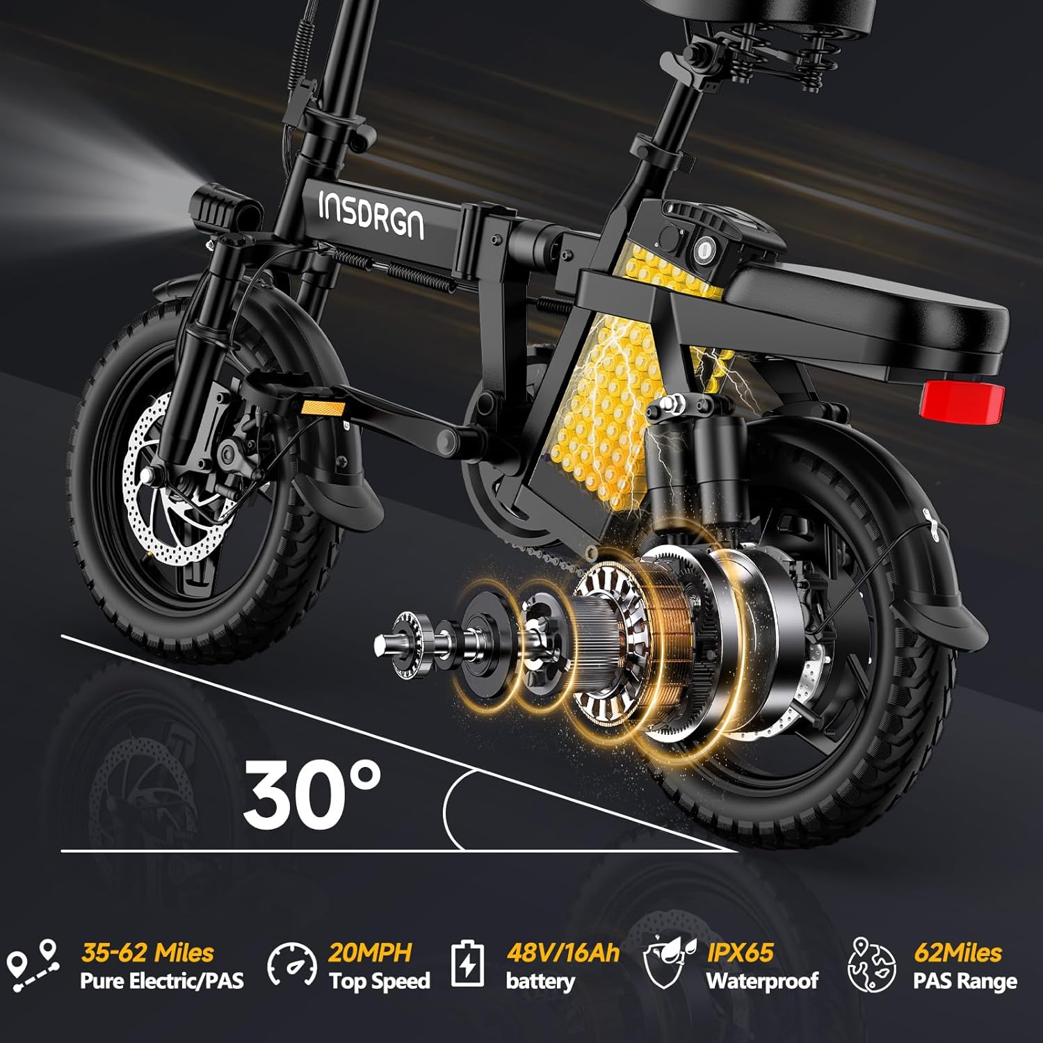 Folding Electric Bike for Adults Teens, Peak 1500W, 62 Miles PAS Range, 48V 16AH Removable Li Battery Ebike, 9 Shocks Full Suspension, 20 MPH Electric Bicycle, UL2849 Certified
