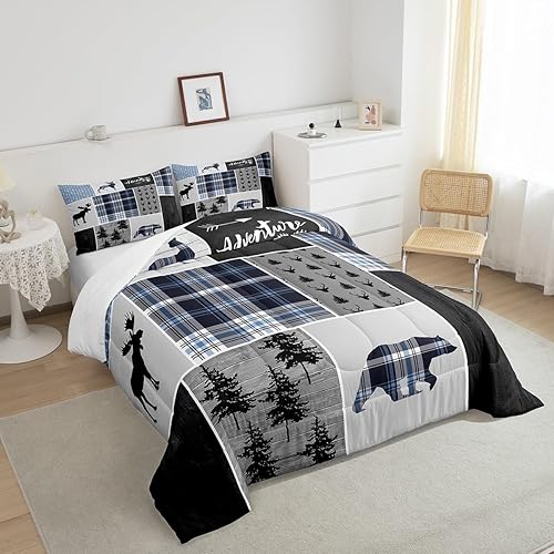 Miniatura 5 de Rustic Adventure - Juego de edredón para niños, tamaño individual, ciervo, oso, pinos, decoración de habitación de niños, niñas, adultos, edredón de