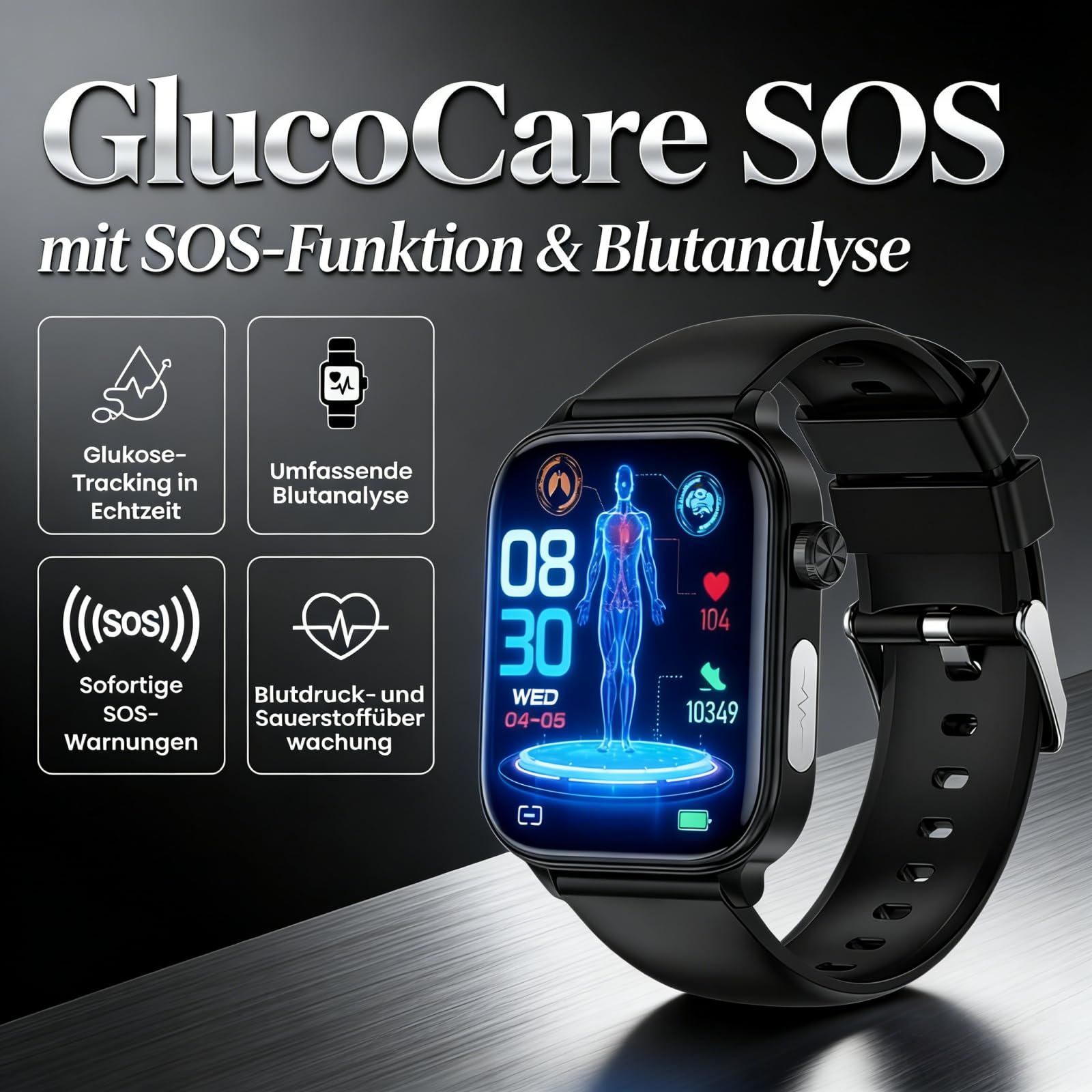 GlucoCare SOS - Smartwatch con GPS sportivo, con misurazione della pressione sanguigna e ECG, temperatura corporea, chiamate Bluetooth, compatibile con Android/iOS (blu)