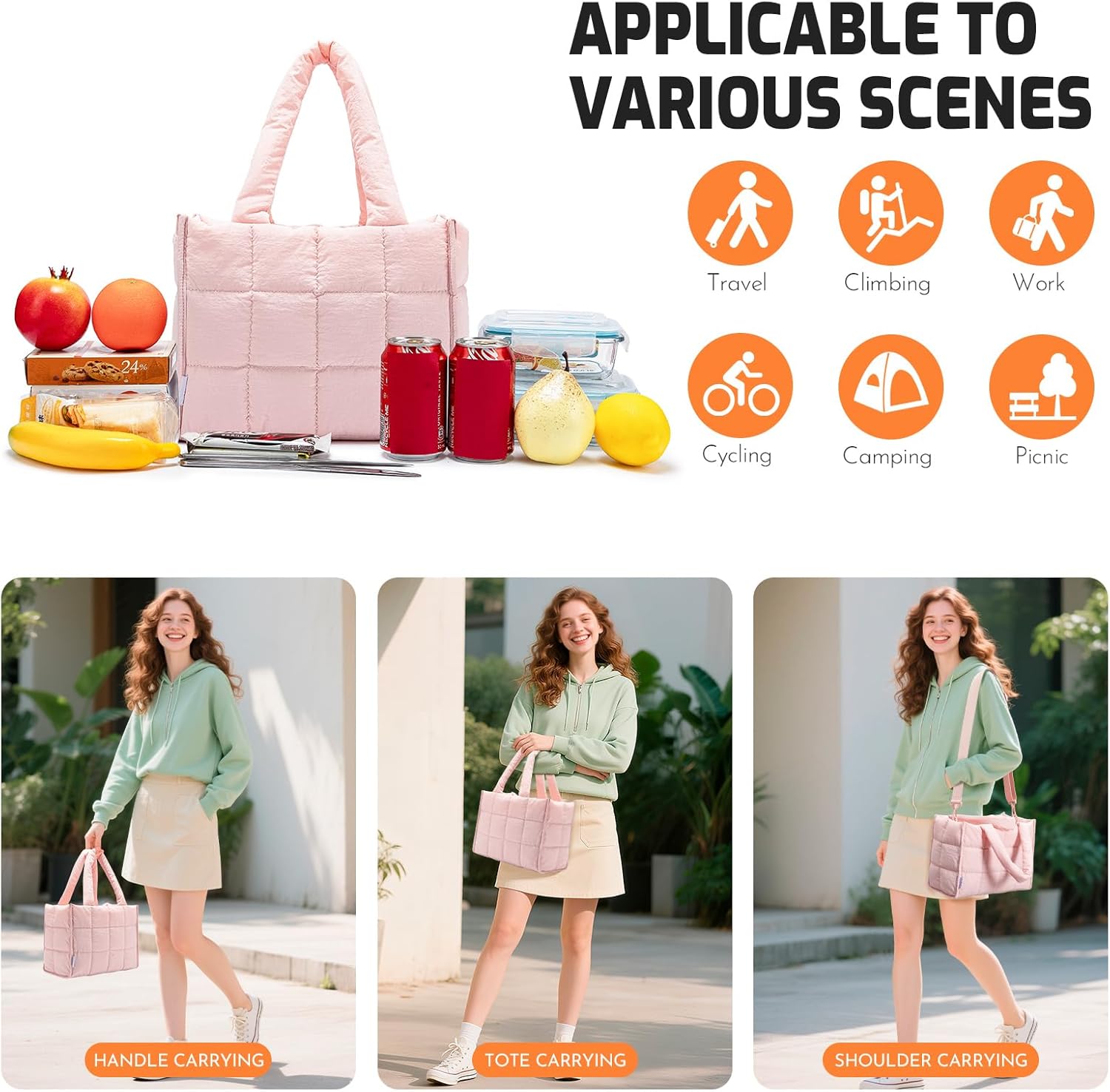 NOL Natural Organic Lifestyle Women's Nylon Lunch Cooler Quilted Tote Bag Puffy Insulated Lunch Bag for Women, Lightweight Waterproof Lunch Box for Work, Picnic, Outdoors,Pink