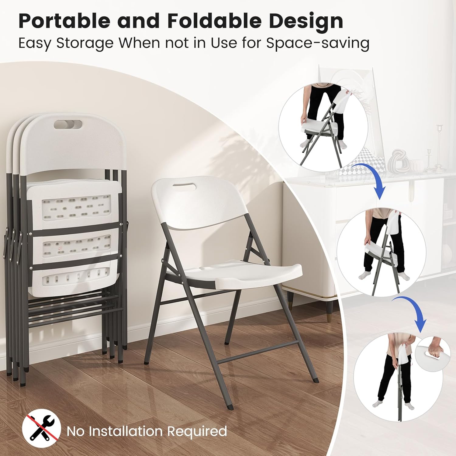 GOFLAME 4 Pack Folding Chairs, Heavy Duty Plastic Dining Chairs with Metal Frame, Portable Commercial Seats for Home Office, Indoor Outdoor Dining, Wedding, Party, Patio