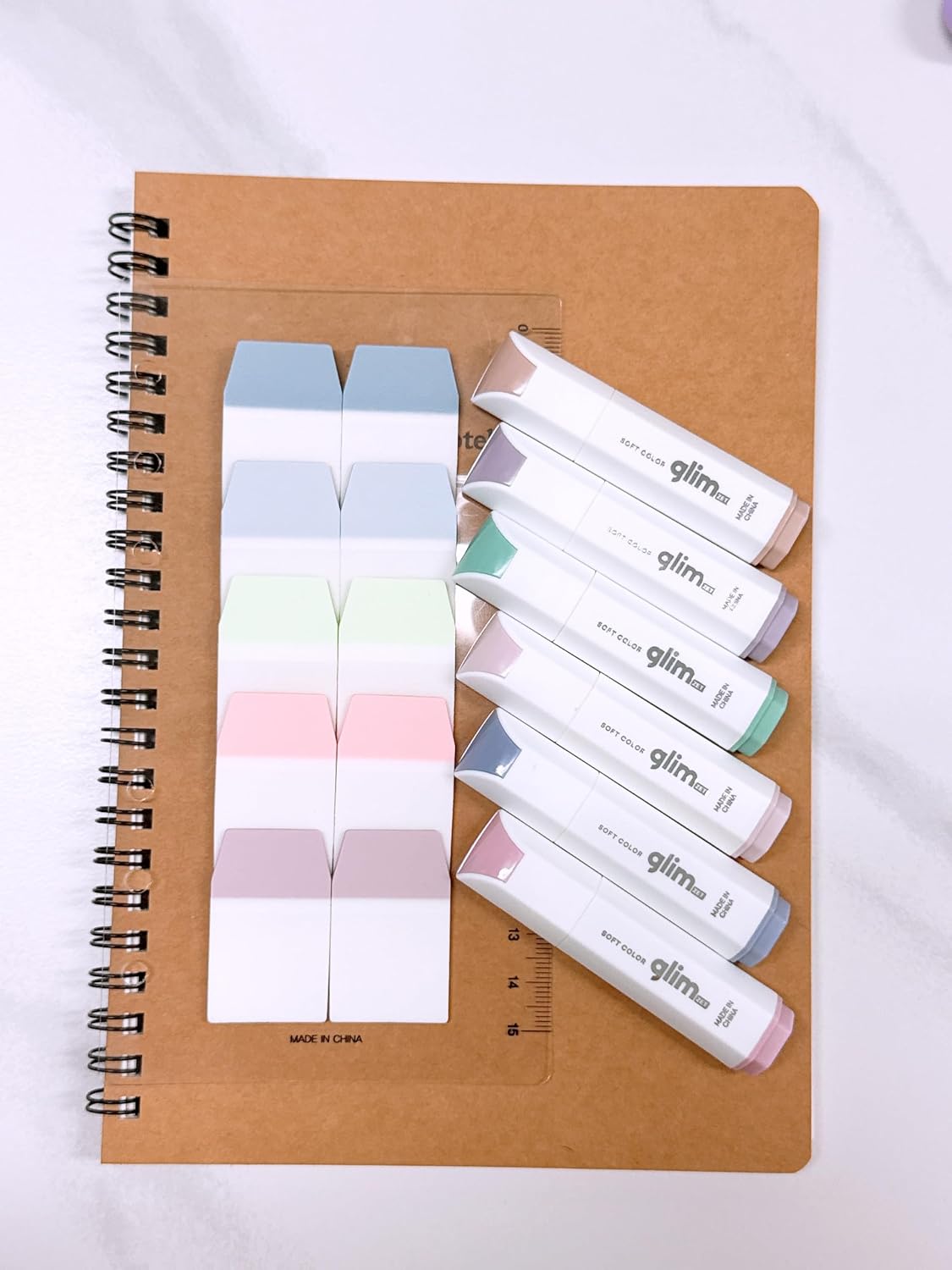 Study Stationery Set, A5 Spiral Notebook, 6 Highlighters, 10 Index Tabs