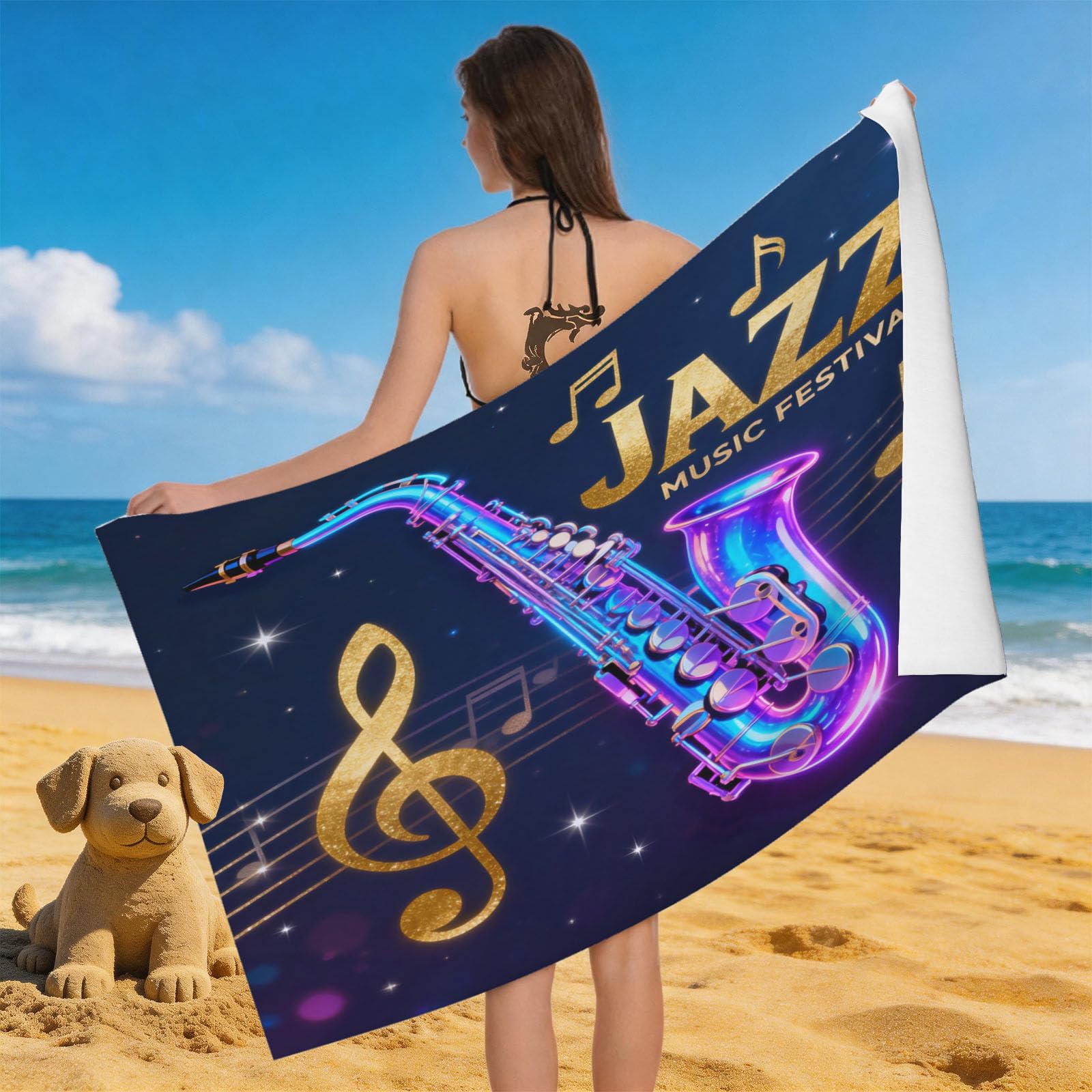 Leichong 3D Saxophone Beach Towel Microfiber Soft Quick Dry for Adults, Neon Bath Towel Lightweight Soft Absorbent for Travel Swimming Pool Sports, 75 x 150 cm
