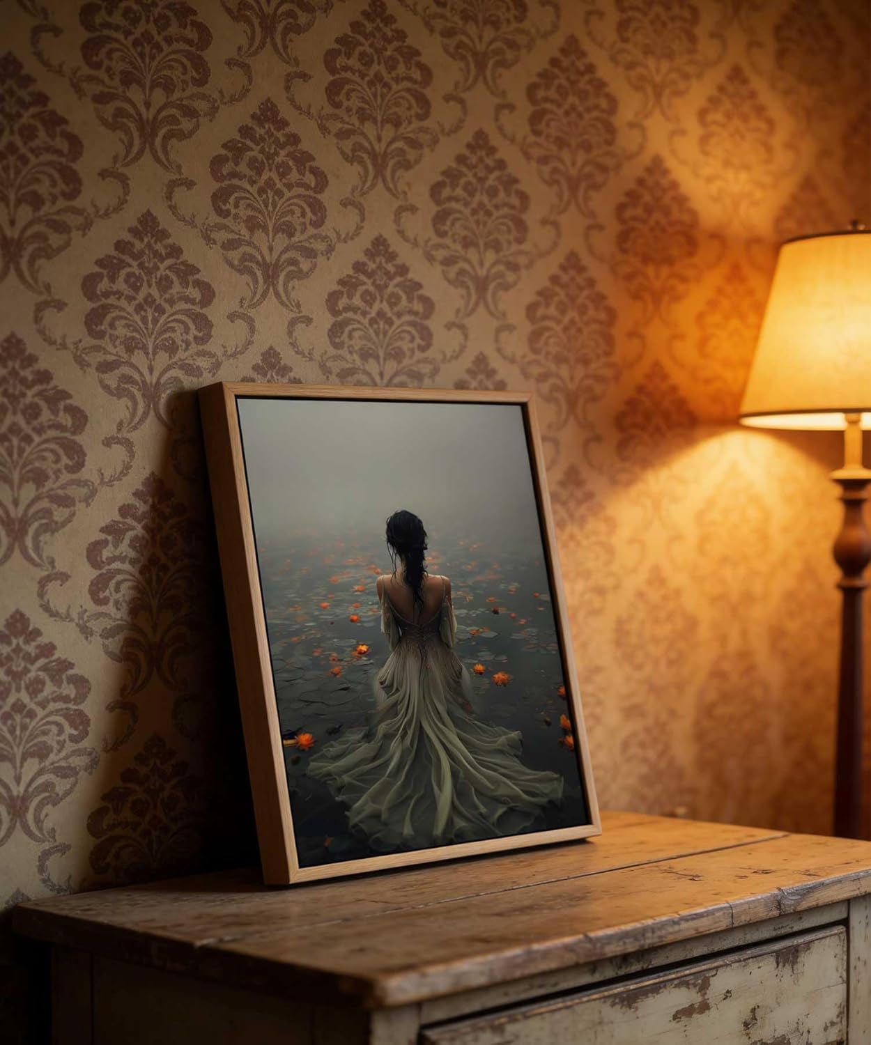 Framed Dark Academia Wall Art Lady in the Lake Moody Victorian Wall Decor Pictures Gothic Cottagecore Posters Prints Vintage Halloween Aesthetic Paintings for Gallery Bedroom Decoration 12x16in