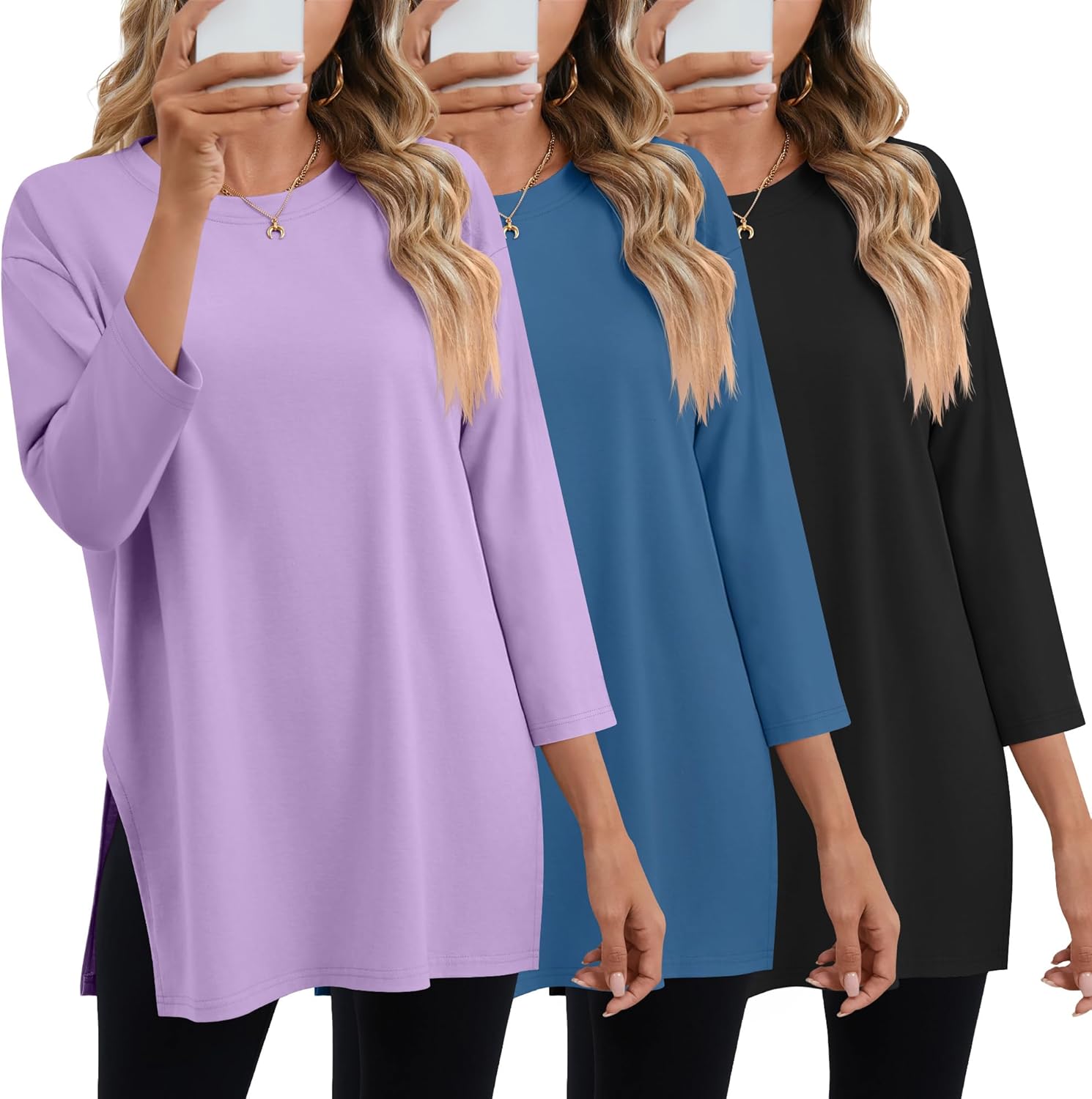 Huukeay 3 Pack Women's Oversized T Shirts Workout 3/4 Sleeve Top Loose Side Split Gym Elbow Crewneck Fall Casual Clothes Tee