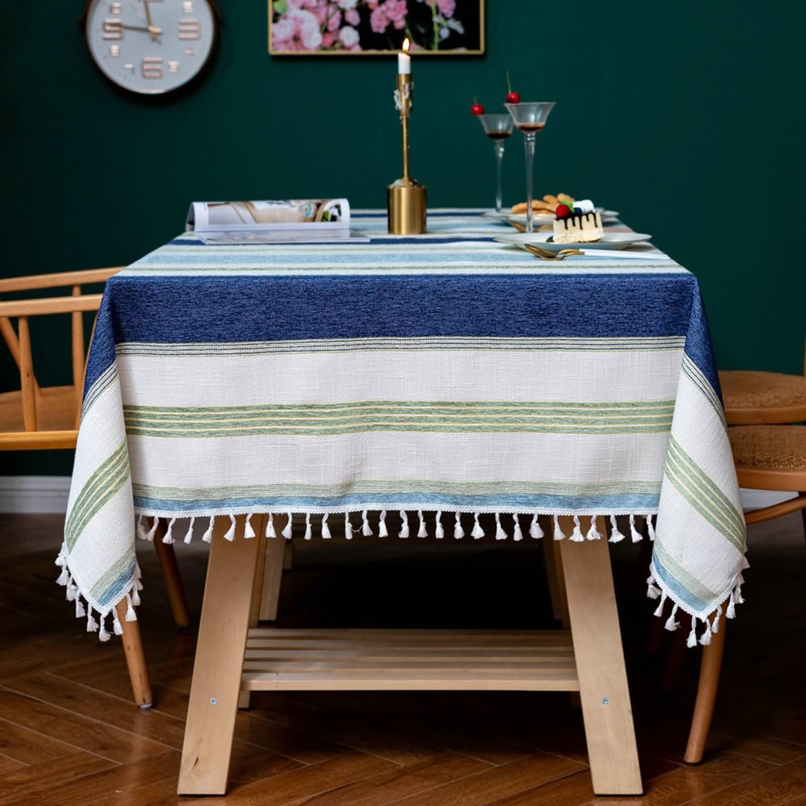 Mantel Rectangular Azul Oscuro Verde Mesa, Rayas con Borlas, de Algodón y Lino Elegante, 140 x 260 cm, Mantel para Restaurante