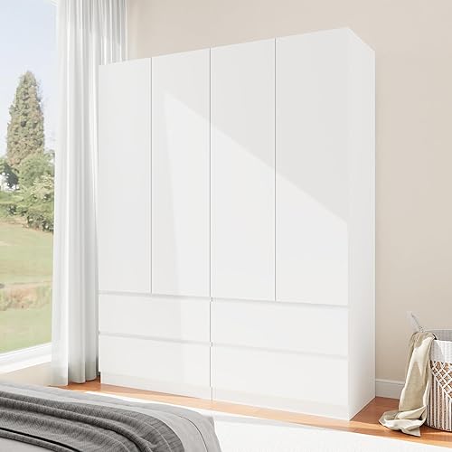 Miniatura 3 de Armario de madera con 2 puertas, armario de dormitorio de 79 pulgadas con 2 cajones, armario para ropa con barra para colgar y estantes, armarios