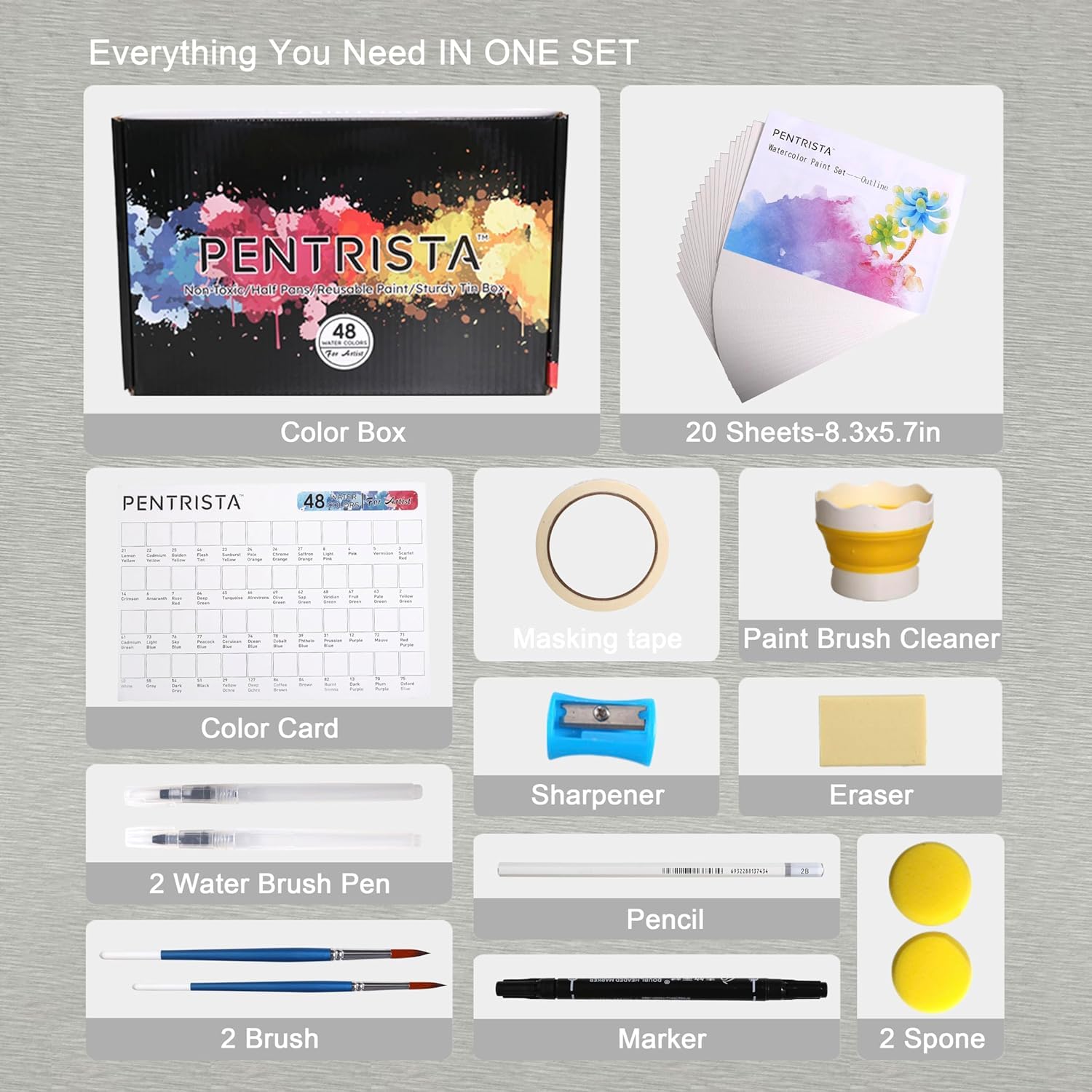 PENTRISTA Watercolor Paint Set with Paper 48 Colors in Portable Box with Mix-Color Pallet, 20 Watercolor Papers 2 Refillable Water Brush Pens and Brushes, Ideal for Adults, Artists and Hobbyists