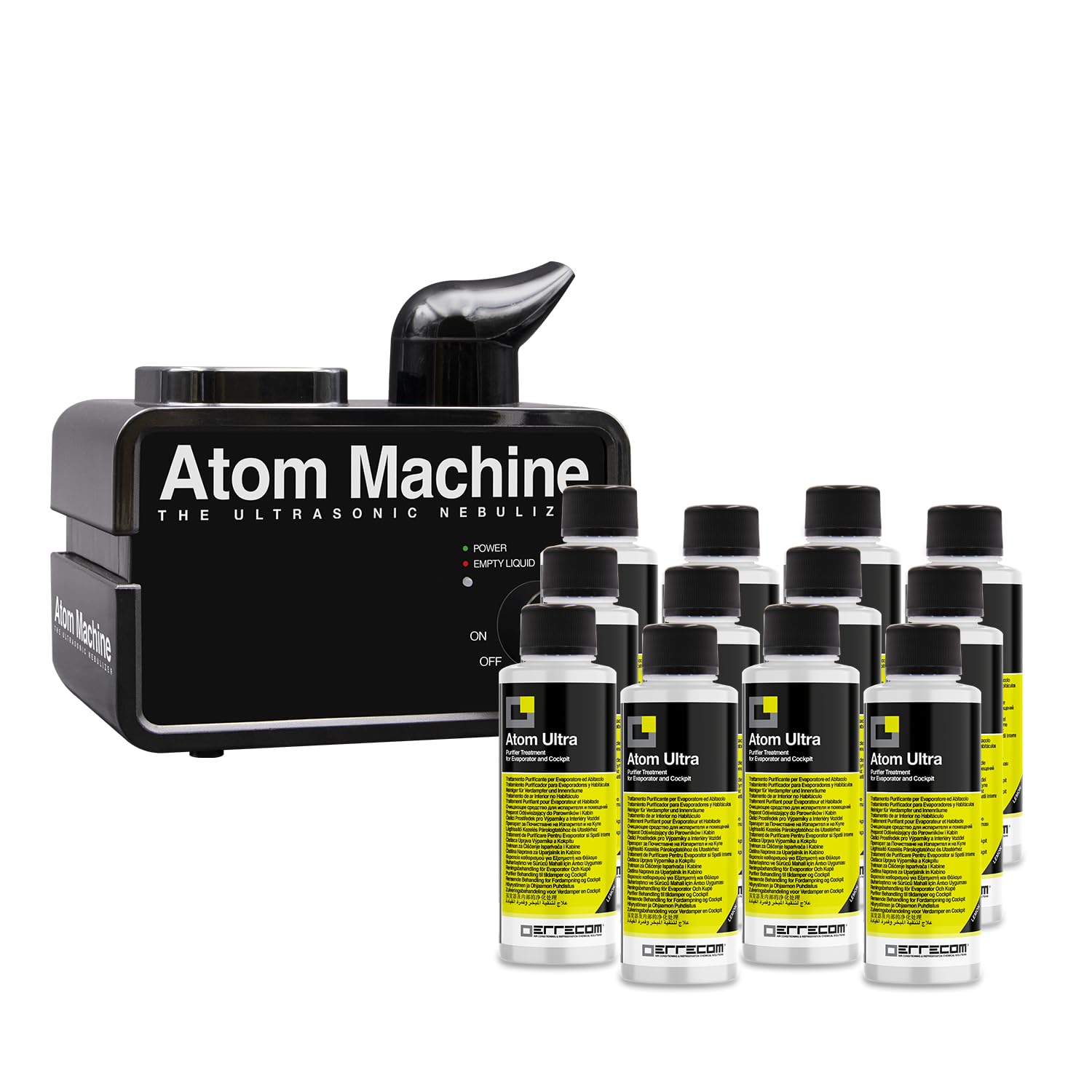 ERRECOM Kit per la Purificazione di Ambienti, Abitacoli e Impianti A/C Automobili:1 Atom Machine, Nebulizzatore a Ultrasuoni e 12 flaconi di Liquido Purificante Atom Ultra al Limone da 120 ml