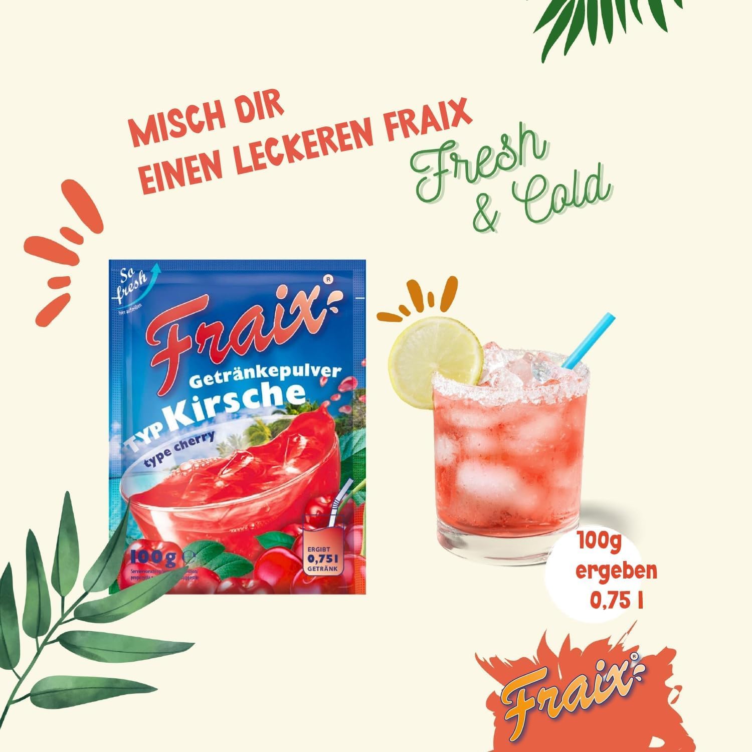 FRAIX Proszek do napojów, wiśnia, opakowanie 100 sztuk (100 x 100 g), proszek owocowy o smaku wiśni, idealny w podróży, na przyjęcie urodzinowe