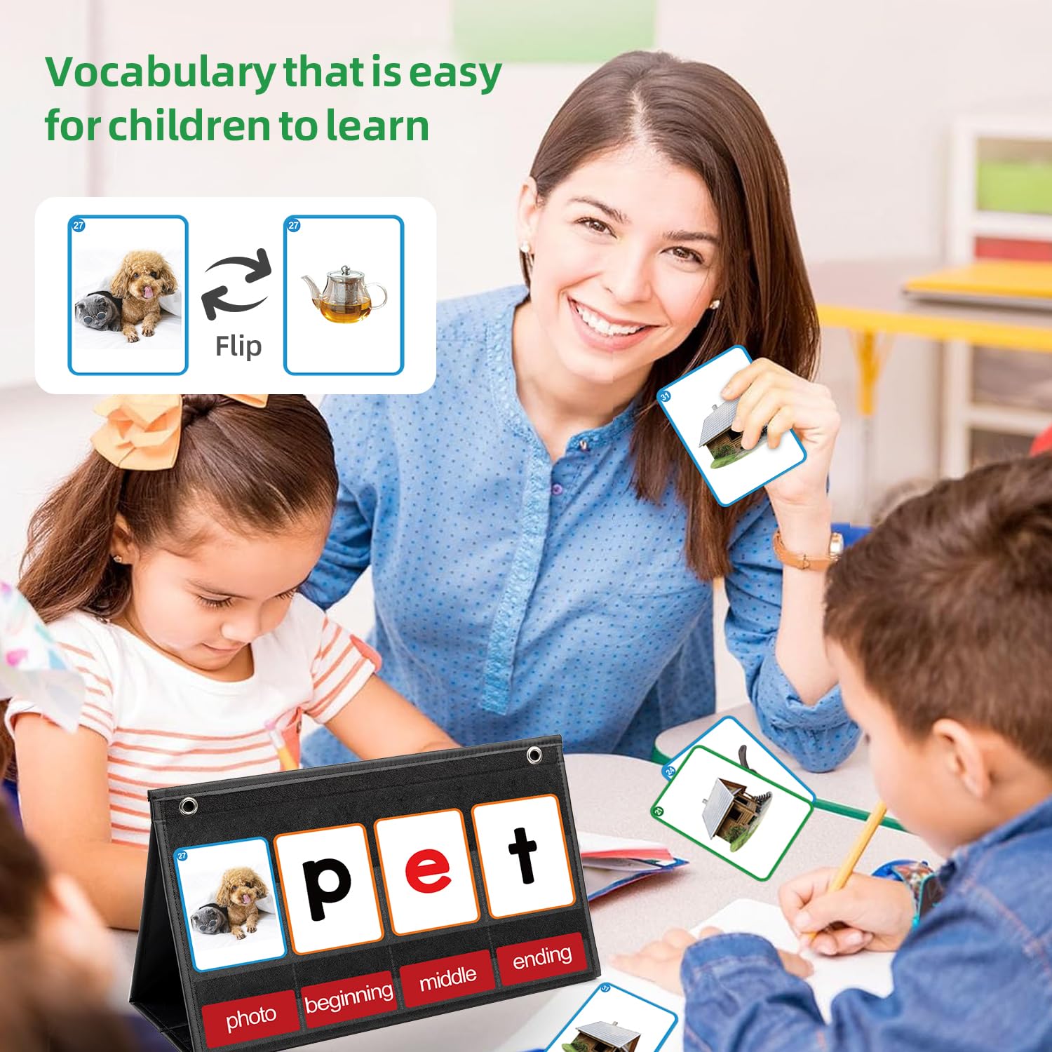 ANSTROUT CVC Word Builder Desktop Pocket Chart with 107 Cards, Kids Word Builder Games for CVC CVCC CCVC Learning Reading Spelling Early Education Tool for Preschool Kindergarten Classroom. - Image 4