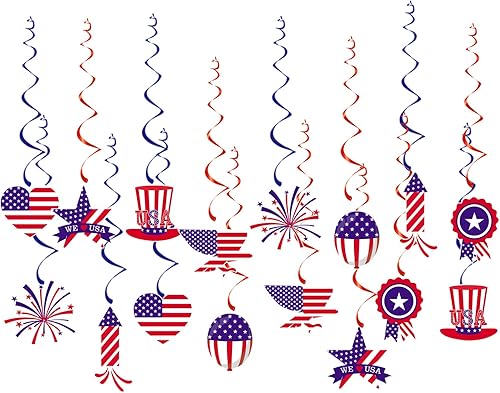 Decoraciones de fiesta del 4 de julio y día conmemorativo con serpentinas - 16 piezas, decoraciones colgantes de remolino en techo de color rojo,