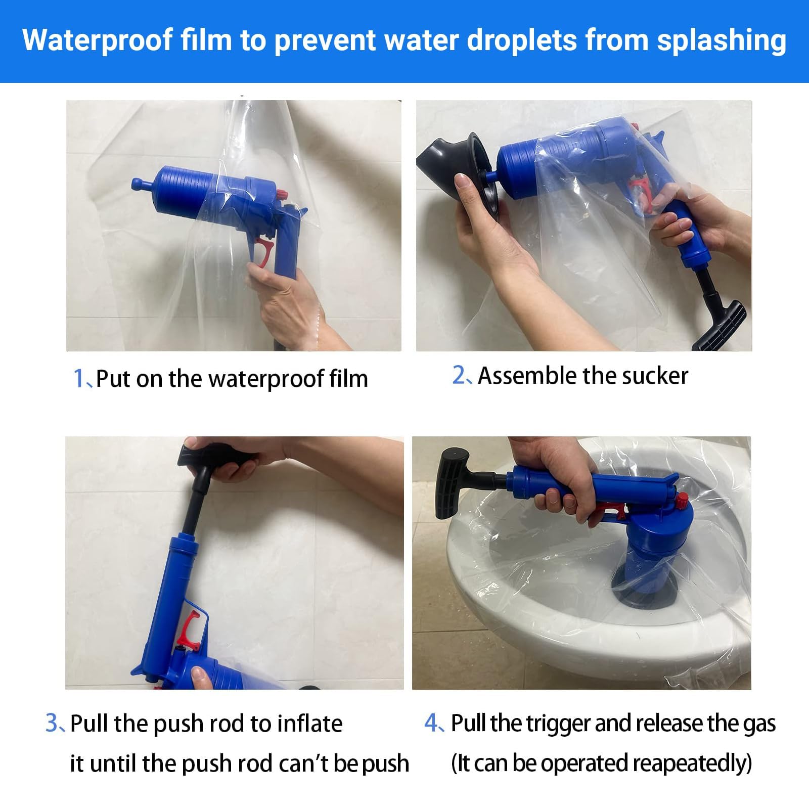Pompe de nettoyage de canalisations haute pression, déboucheur de canalisation, déboucheur de pompe à air, ventouse et déboucheur à pression d'air, avec 4 ventouses pour cuisine, douche, baignoire