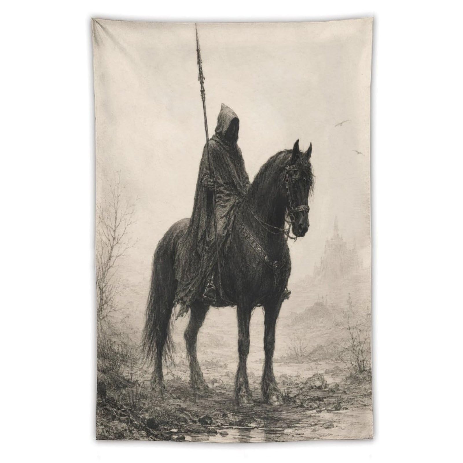 H3B8U2Y5 Lone Horseman Wall Tapestry, Asian Ink Style, Misty Landscape