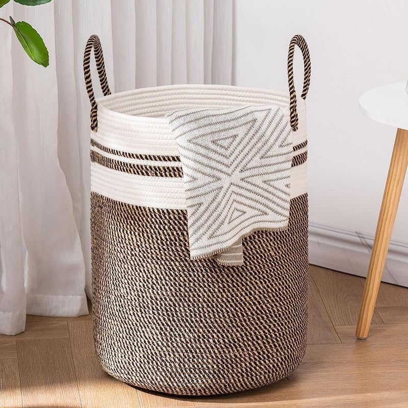 Image of Storage Cotton Rope Basket and Laundry Hamper for Dirty Clothes, Towels, Blankets, Pillows Storage in Living Room, Laundry Room and Bedroom (Camel Mix, 15x18 Inch)