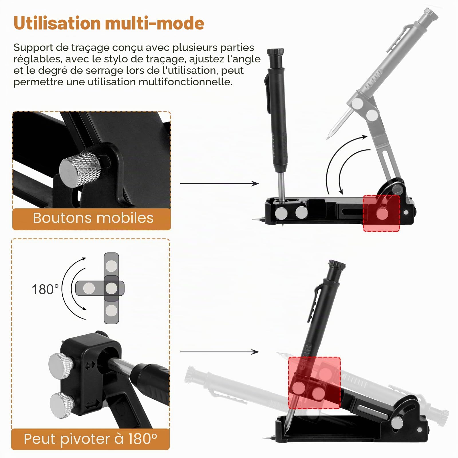 Outil de marquage de traceur de construction noir multifonction - Crayon de construction - Jauge de tracé avec trou profond - Outil de mesure