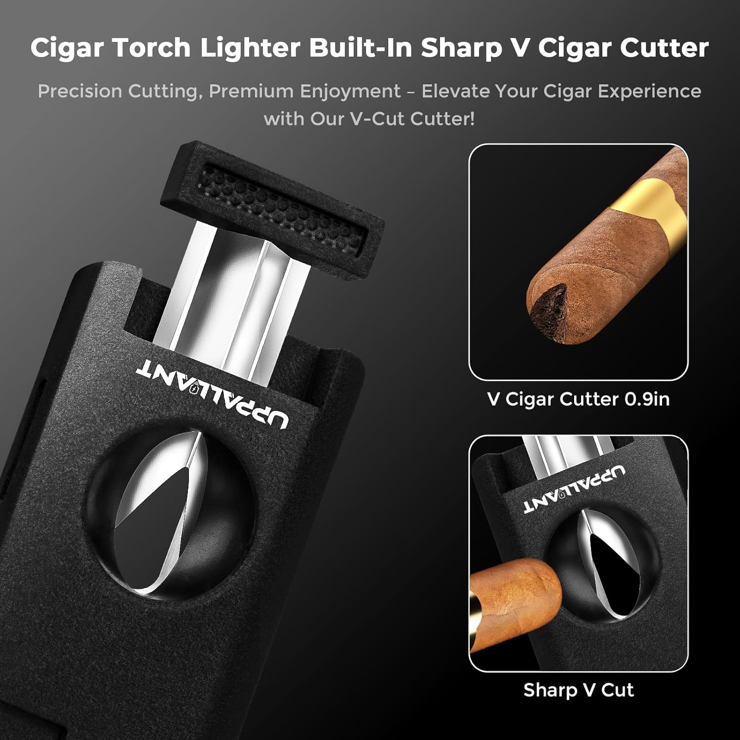 All-in-one Cigar Lighter, Torch Lighter with Cigar Cutter V Cut & Cigar Holder, Cigar Gifts for Men, Refillable Triple Jet Flame Windproof Butane Lighter, Cigar Accessories, Cool Lighters for Smoking