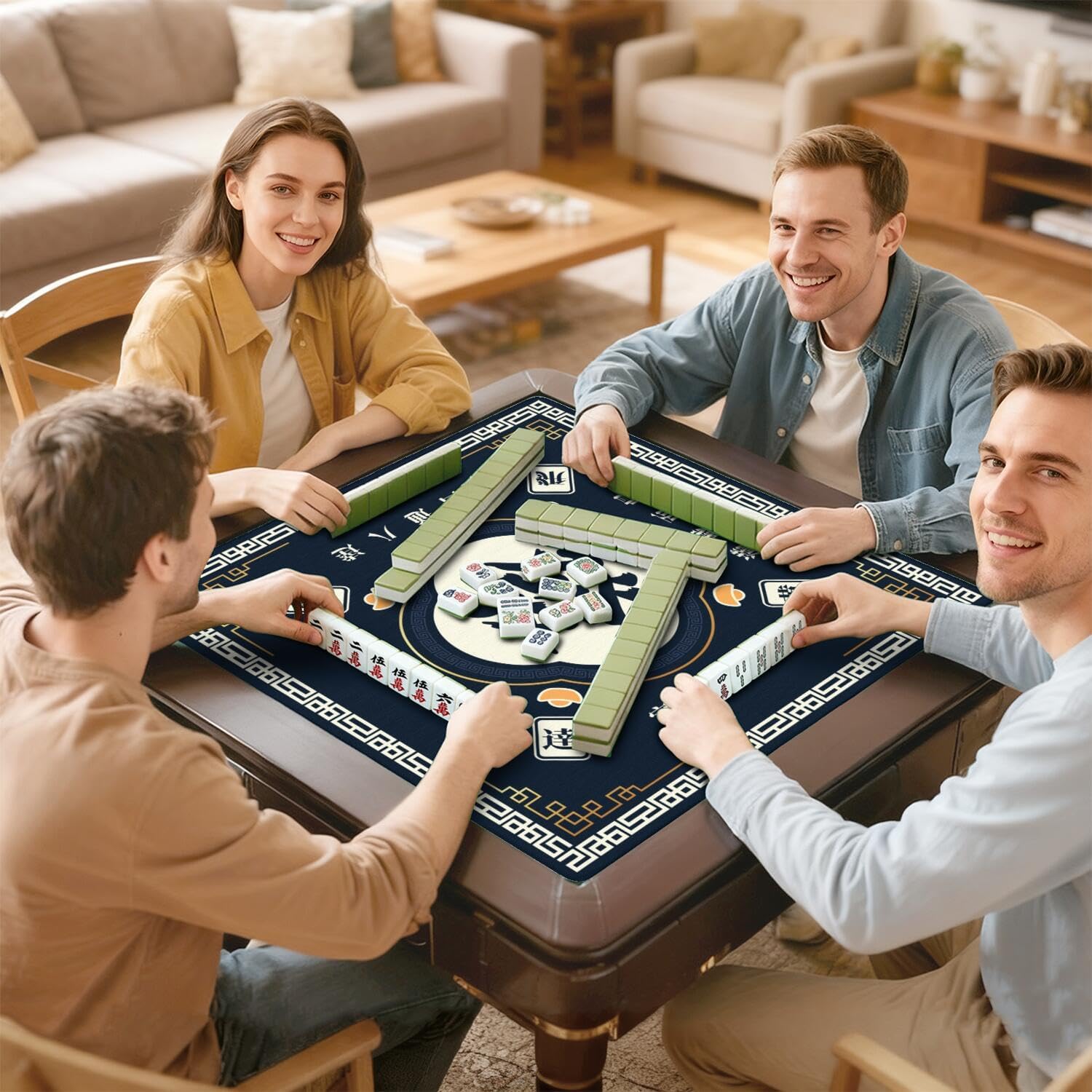 Mahjong Mat for Table with Carrying Bag & 3 Dice, Black 31.5"x31.5" Square Rubber Mahjong Table Cover, Non-Slip & Noise Reduction Gaming Mat for Mah Jongg, Poker, Dominoes & Tile Games
