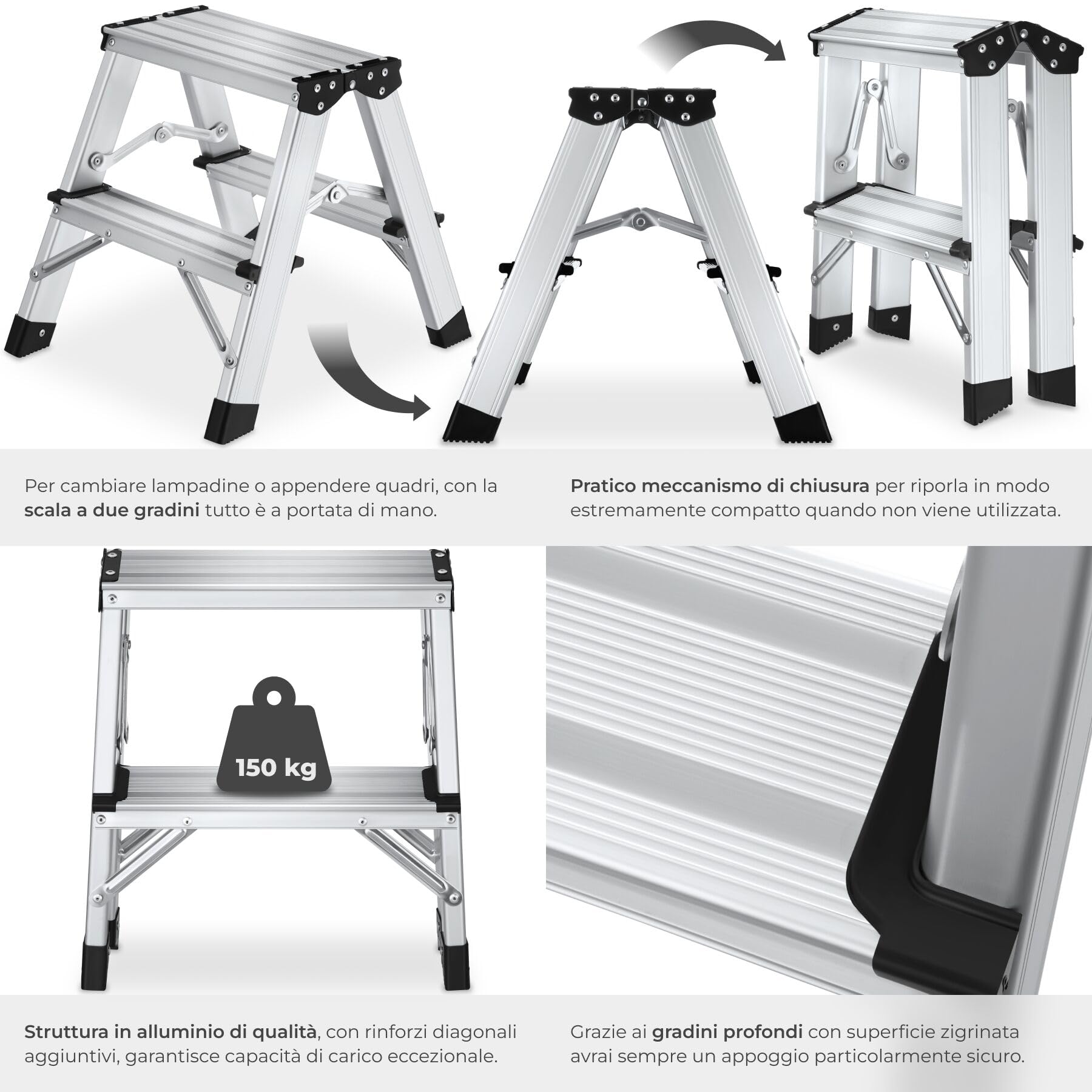 tectake® Scaletta Pieghevole in Alluminio Doppia, Scala 3 Gradini Antiscivolo, Scaletta Multiuso Salvaspazio con Doppia Salita, Scala per Casa Leggera, Piedini in Gomma, Antiscivolo, Portata 150 kg
