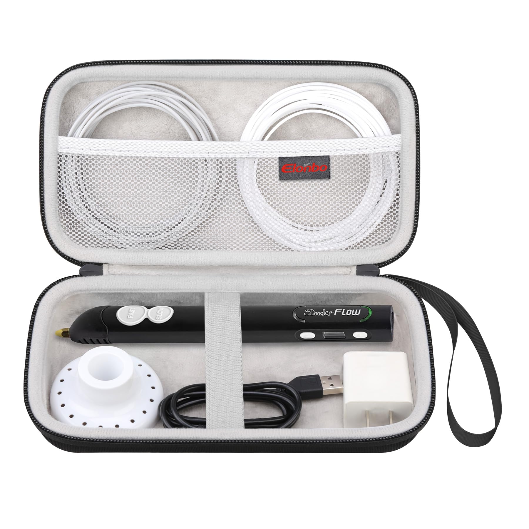 Elonbo 3D Pen Carrying Case for 3Doodler Flow 3D Printing Pen for Teens, Extra Mesh Pocket Fits Plastic Filament Adapter, Black (Case Only !)