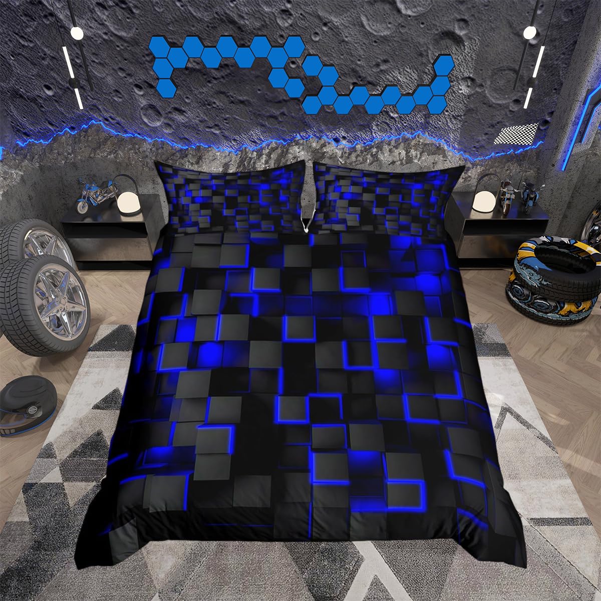richhome Blue and Black Bedding Duvet Cover Set Junior/Cot Bed Size Light Geometric Bedding Set for Kids Boys Girls Decor Comforter Cover Set Modern Style Bedspread Cover — image 1