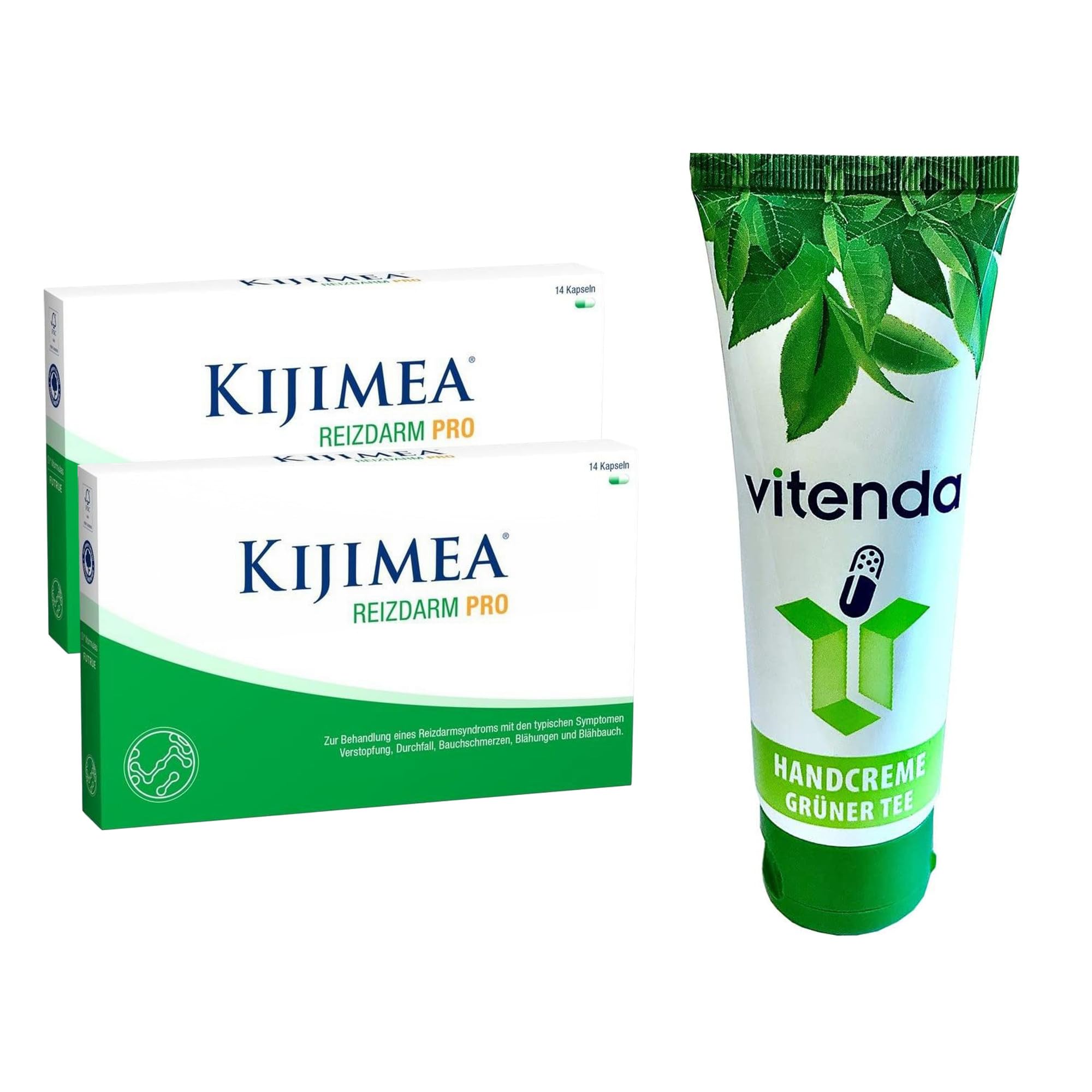 Set: Reizdarm Kapseln bei Bauchschmerzen, Durchfall & Blähungen mit Kijimea Reizdarm PRO, 2x14Stk – inkl. vitenda Handcreme