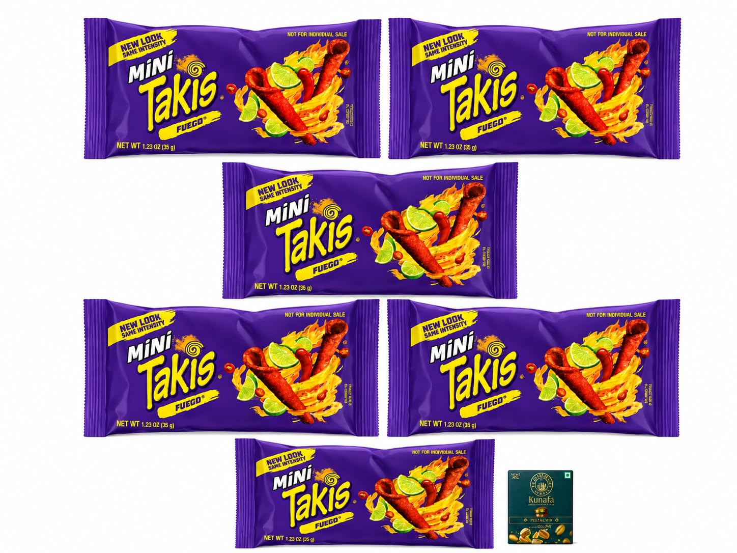 Takis's Mini Fuego Rolled Tortilla Chips, Hot Chili Pepper and Lime Flavour, 210g (Pack of 6, 35g Each) With FREE Flavourito Kunafa Chocolate 20g By Decadent Foods.-image-20