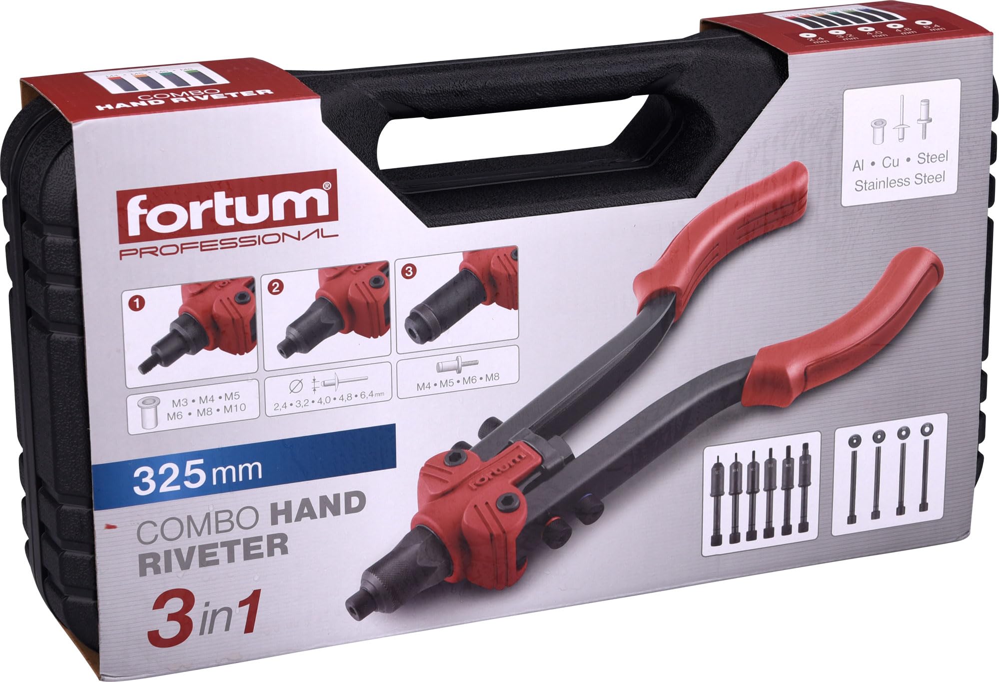 Fortum Combination Manual Rivet Pliers For M3-M8 Blind Rivet Screws, 2.4-6.4mm Blind Rivets And M3-M10 Threaded Rivets I Rivet Nut Pliers For Rivet Nuts, Pop Rivets And Screw Rivets