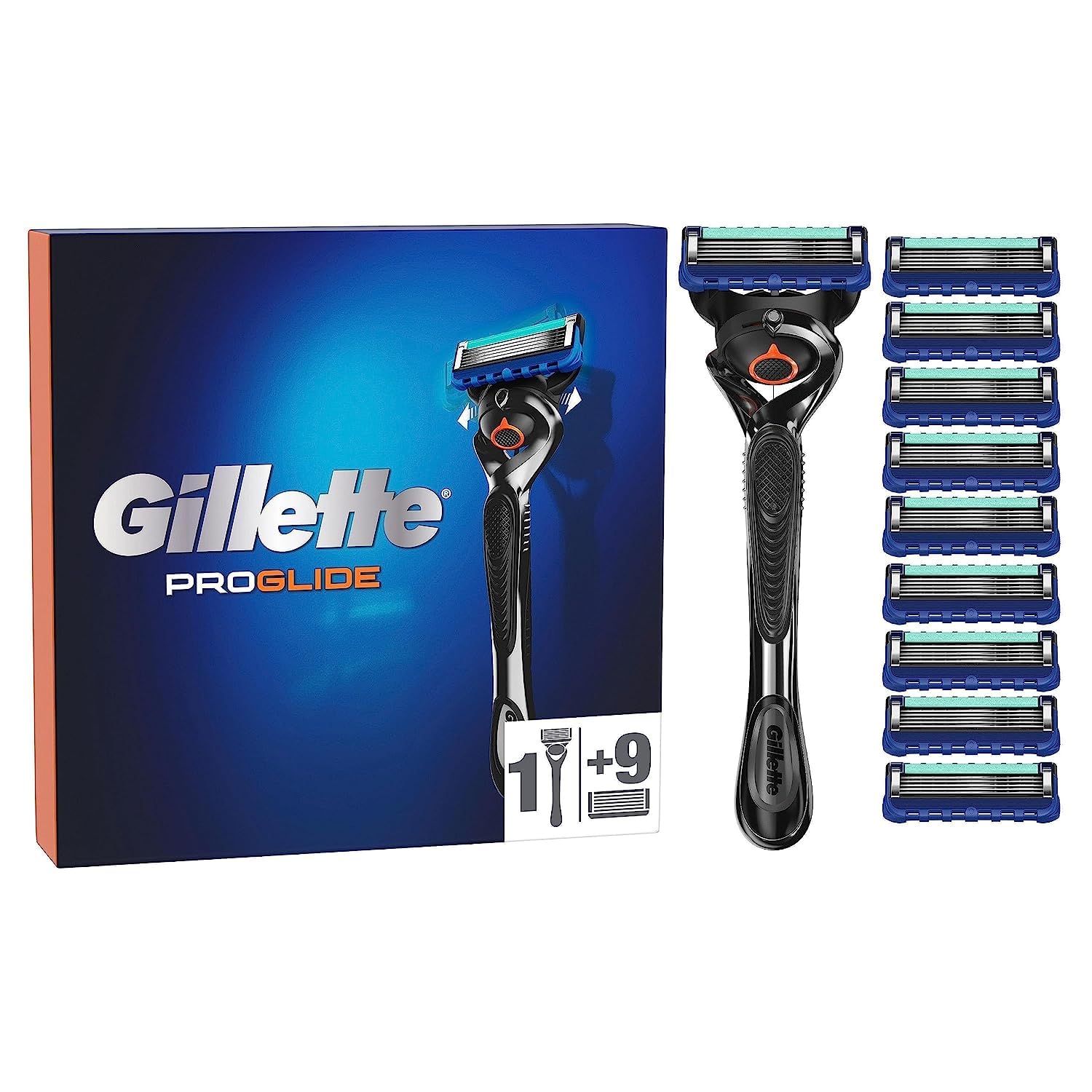 Gillette ProGlide Nassrasierer Herren, Rasierer + 10 Rasierklingen mit 5-fach Klinge, Geschenk für Männer, schwarz/blau