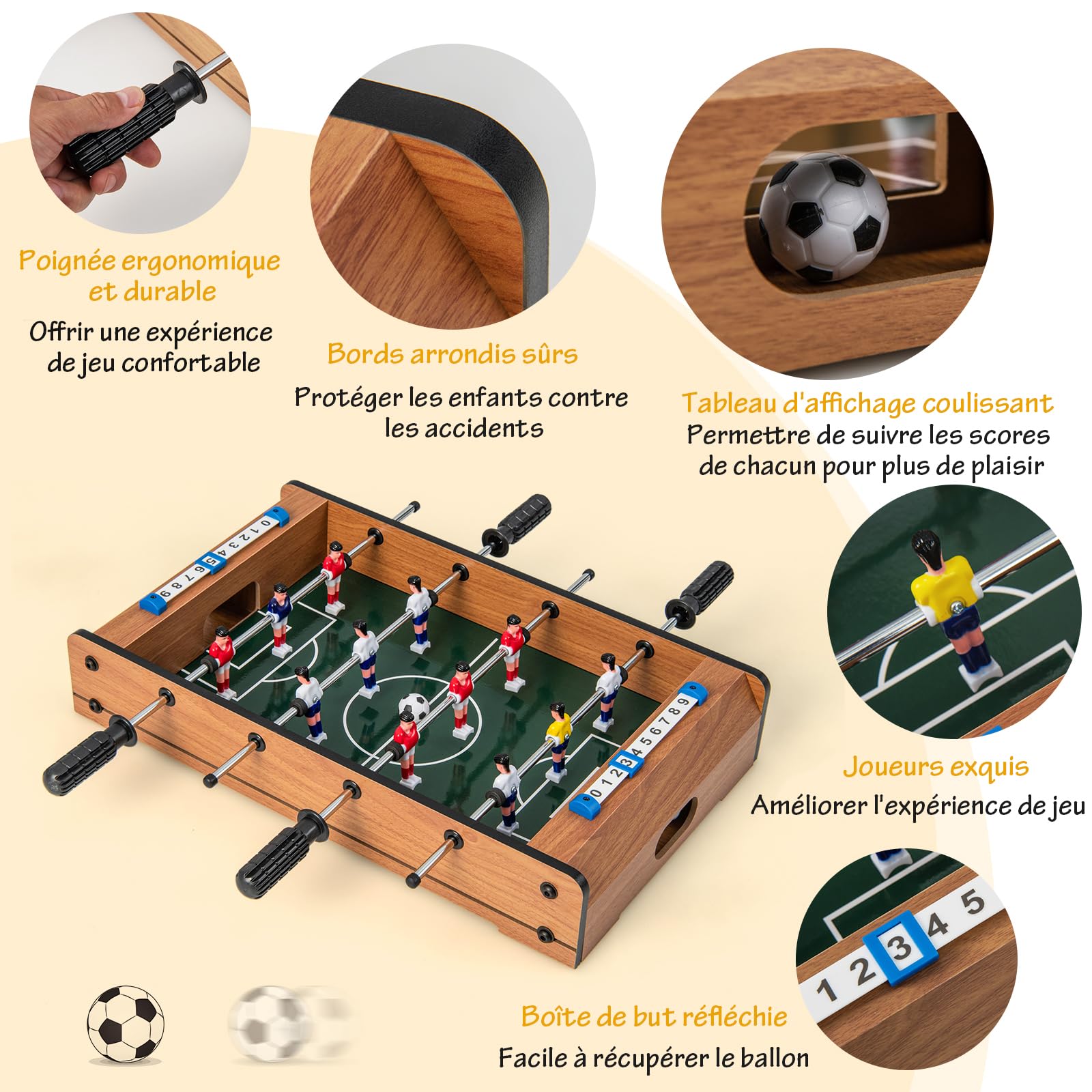 COSTWAY Baby-Foot en Bois avec Poignée Durable, Table de Jeu avec 2 Ballons, Coins Arrondis, Jouets pour Adulte et Enfant pour Fête, Bar, Salle de Jeux, 51 x 30,5 x 9 cm