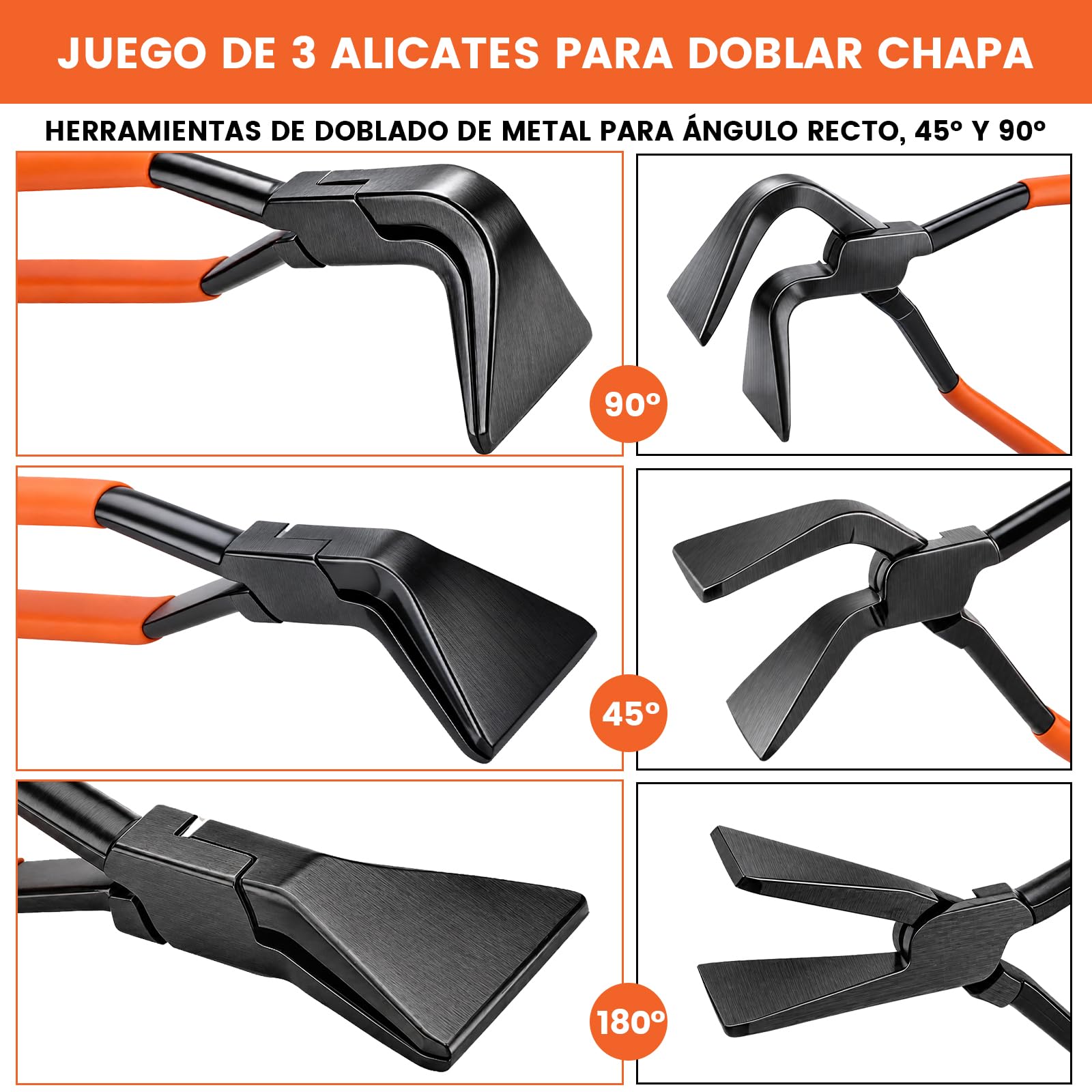 Juego de 3 alicates plegables, alicates con caja de alicates de chapa, alicates de desmontaje de 0°, 45° y 90, longitud 280 mm, ancho de boca de 55 mm, alicates de flexión, acero al carbono negro