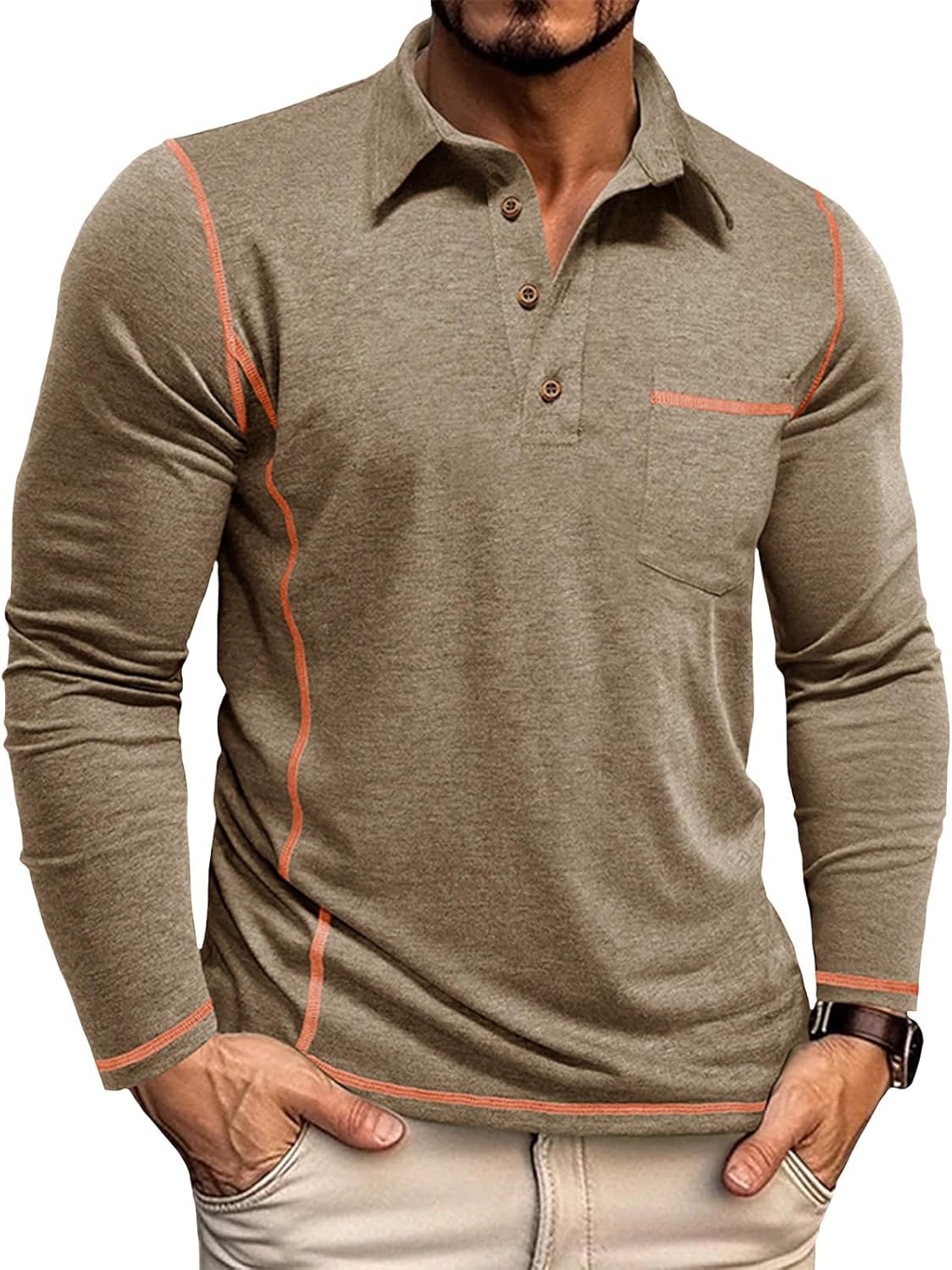 Mens Long Sleeve Polo Shirts Soft Cotton Fashion Button Casual Classic Solid Color Collared Golf Shirts