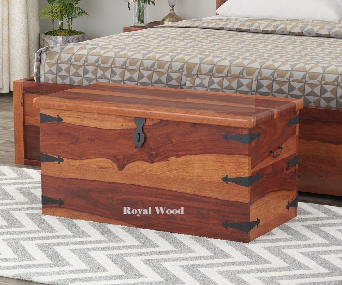 Royal Wood Sheesham Wood Trunk Box Basket in-wood handle ideal for easy movement With Lid Best For Home Organizer-image-49