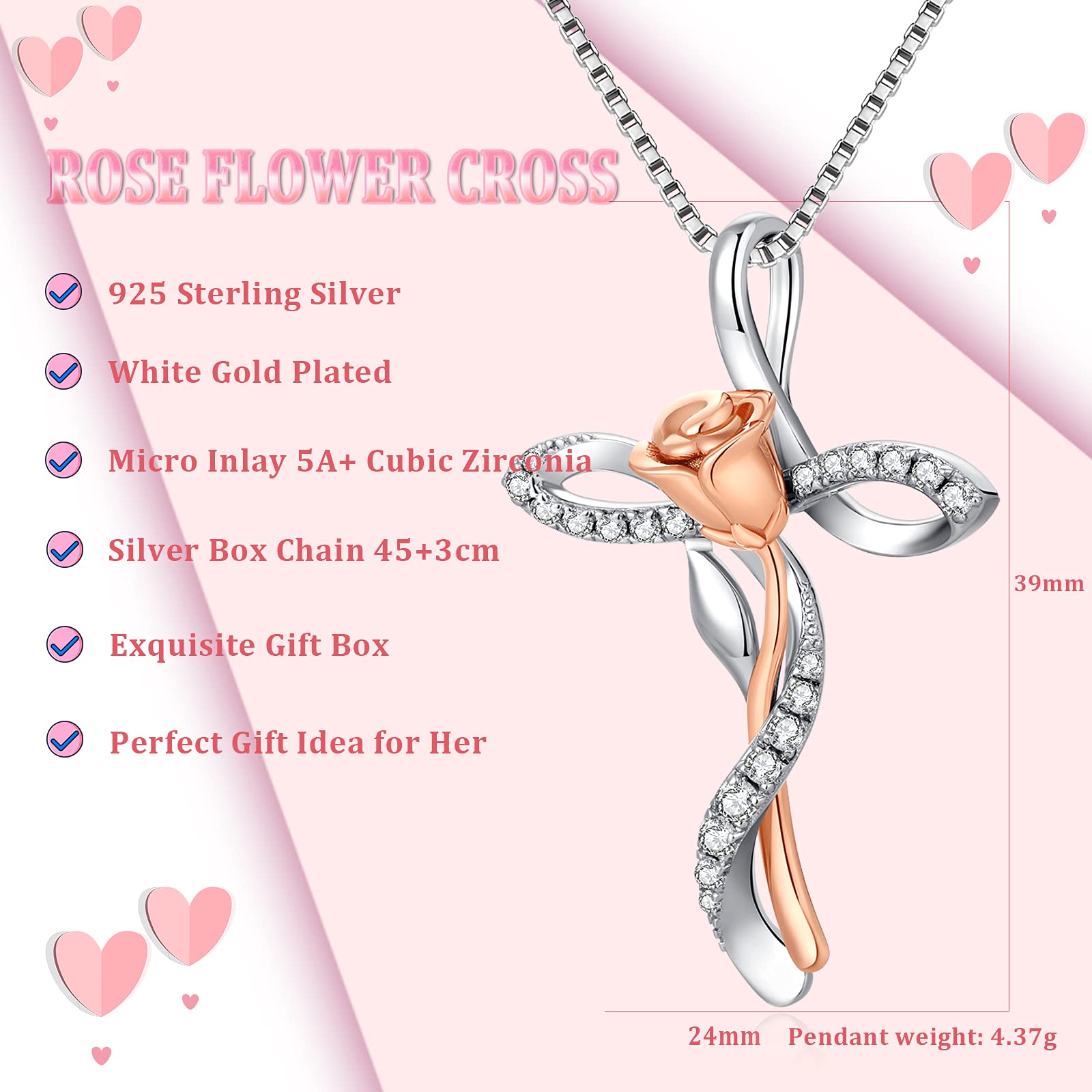 JiaYang Rosen Kreuz Halskette Damen Rose Blume Kreuz Anhänger Halskette Silber 925 Kreuz Halskette mit Rosen blume Rose Gold Halskette Frauen Religiöse Kreuz Schmuck Christian Rose Kreuz Halsketten