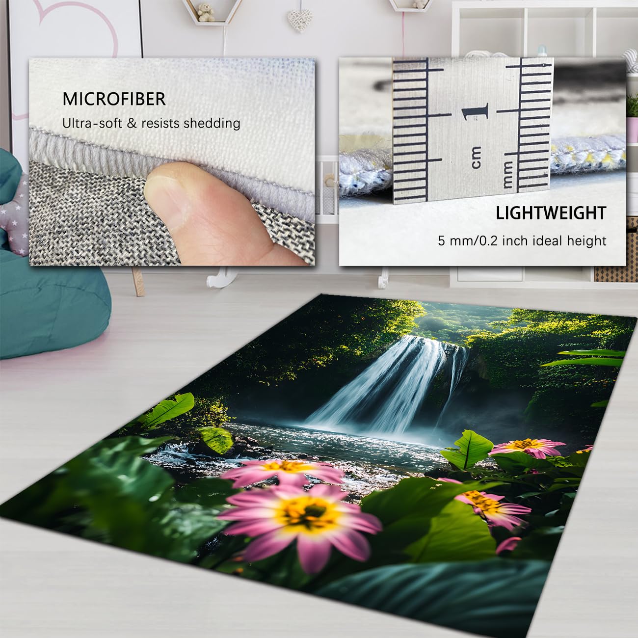 Wasserfallteppiche für das Schlafzimmer Teppich blühende Blumen Teppiche im Bereich Tropical Jungle Natural Landscape Teppich für das Wohnzimmer Dünne waschbare Fußmatten 160x230cm