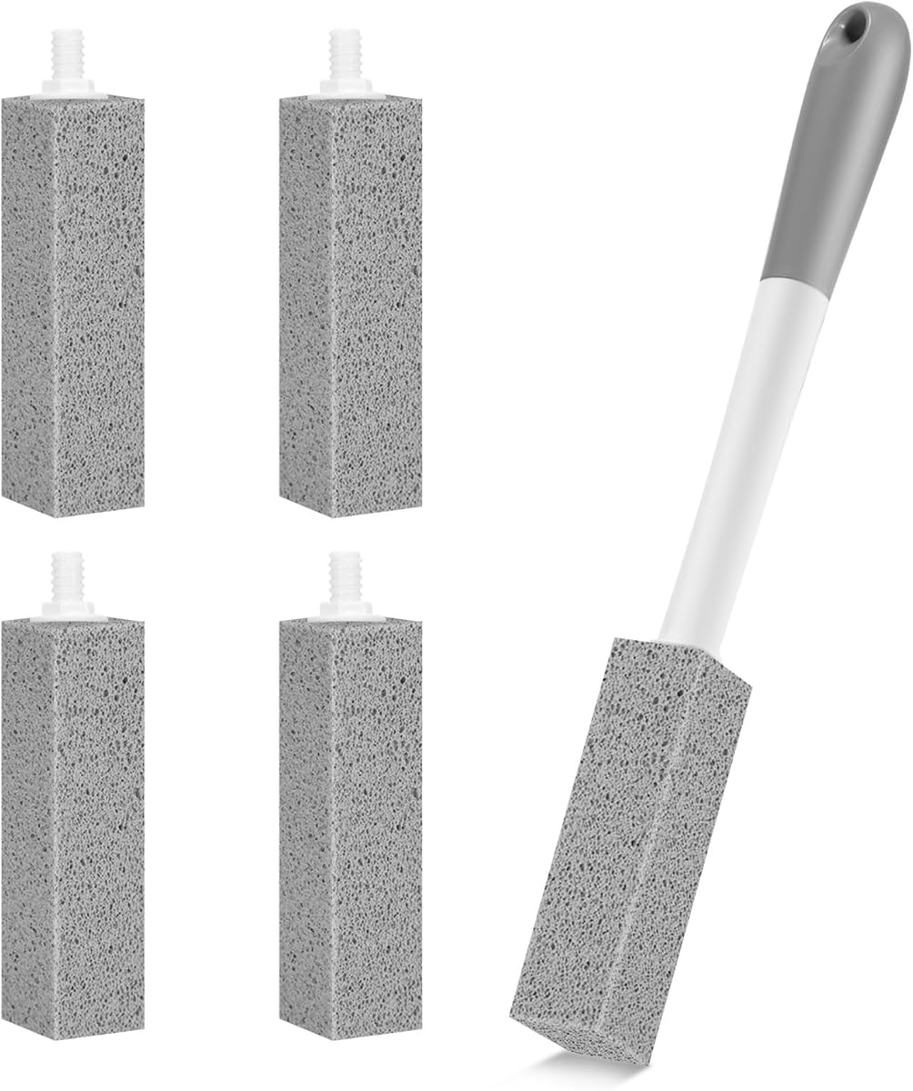 4 Pack Toilet Pumice Stone with Extra Long Handle,Pumice Stone Toilet Bowl Cleaner,1 Cleaning Handle, 4 No Touch Replaceable Piedra Pomez for Cleaning Toilets, Bathtubs, Grills, Swimming Pools, Sinks
