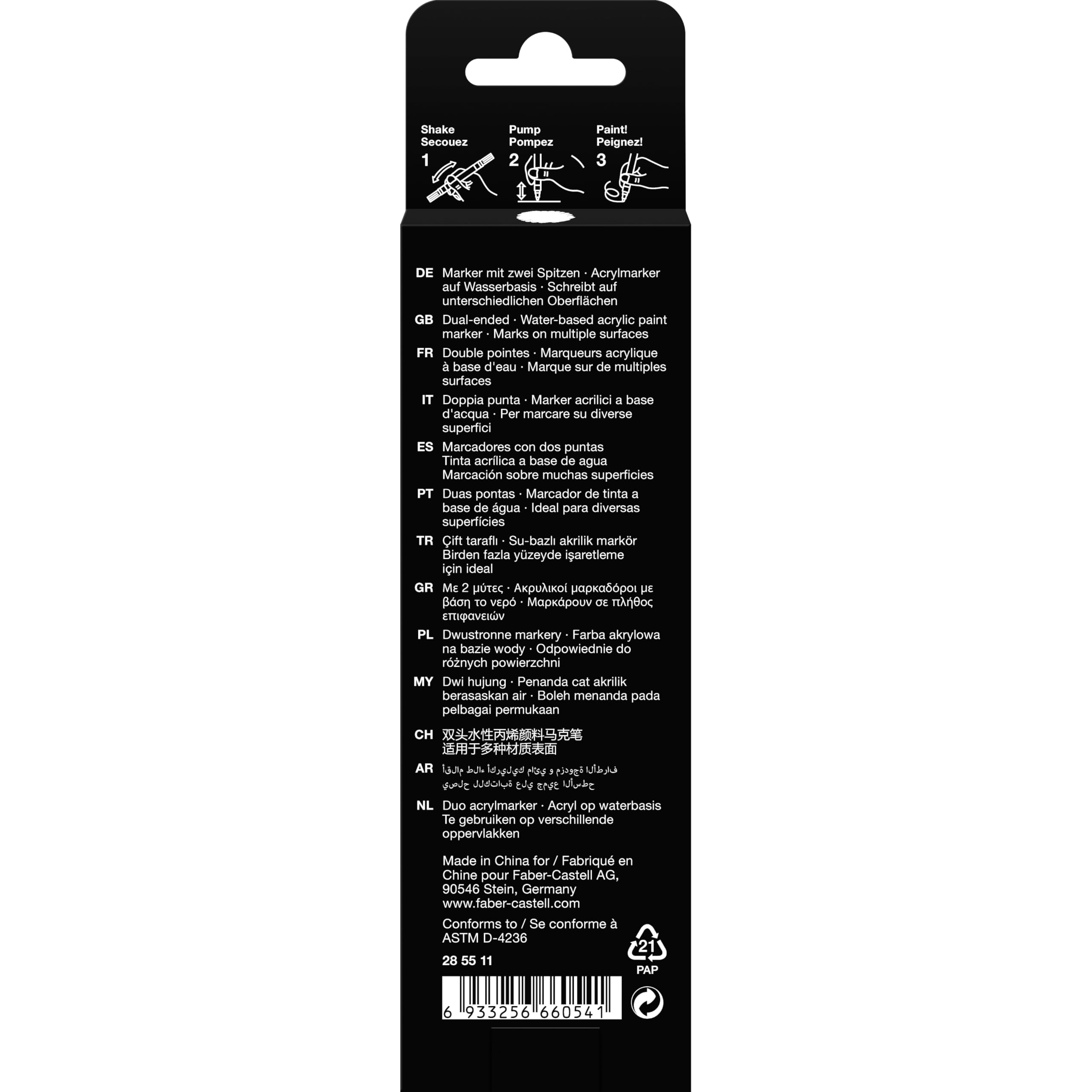 Faber-Castell 285511 Black Edition Shake & Paint Pennarello Acrilico, Pennarello White Moon, Doppia Punta 3Mm E 1Mm, Impermeabile, Colore Vivido E Duraturo