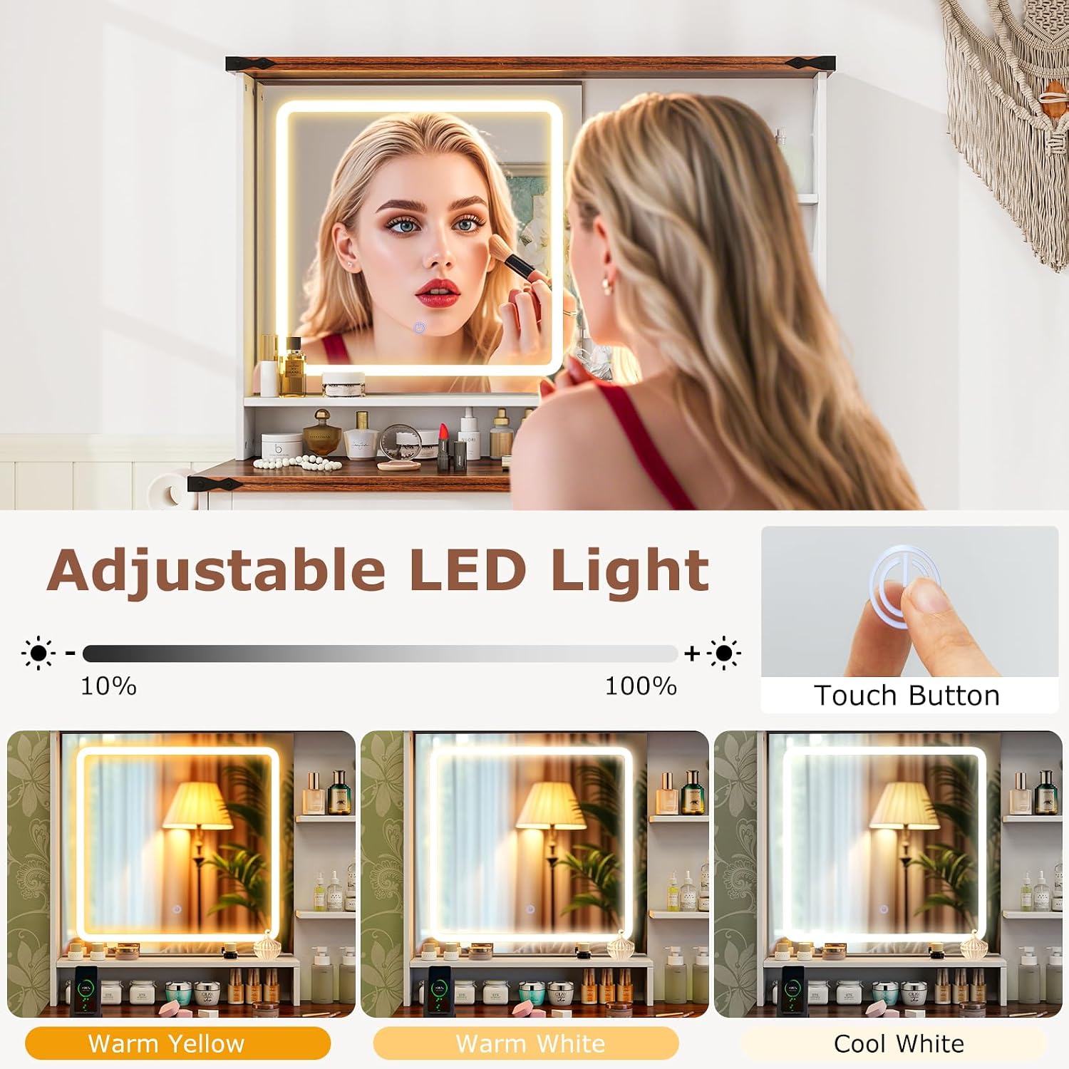 LOKO Vanity Desk with Mirror & Light, Farmhouse Makeup Table with Power Outlets, 3-color Adjustable Mode, 5 Storage Drawers, Vanity Dressing Table with Storage Stool, Perfect for Bedroom, Dressing Roo
