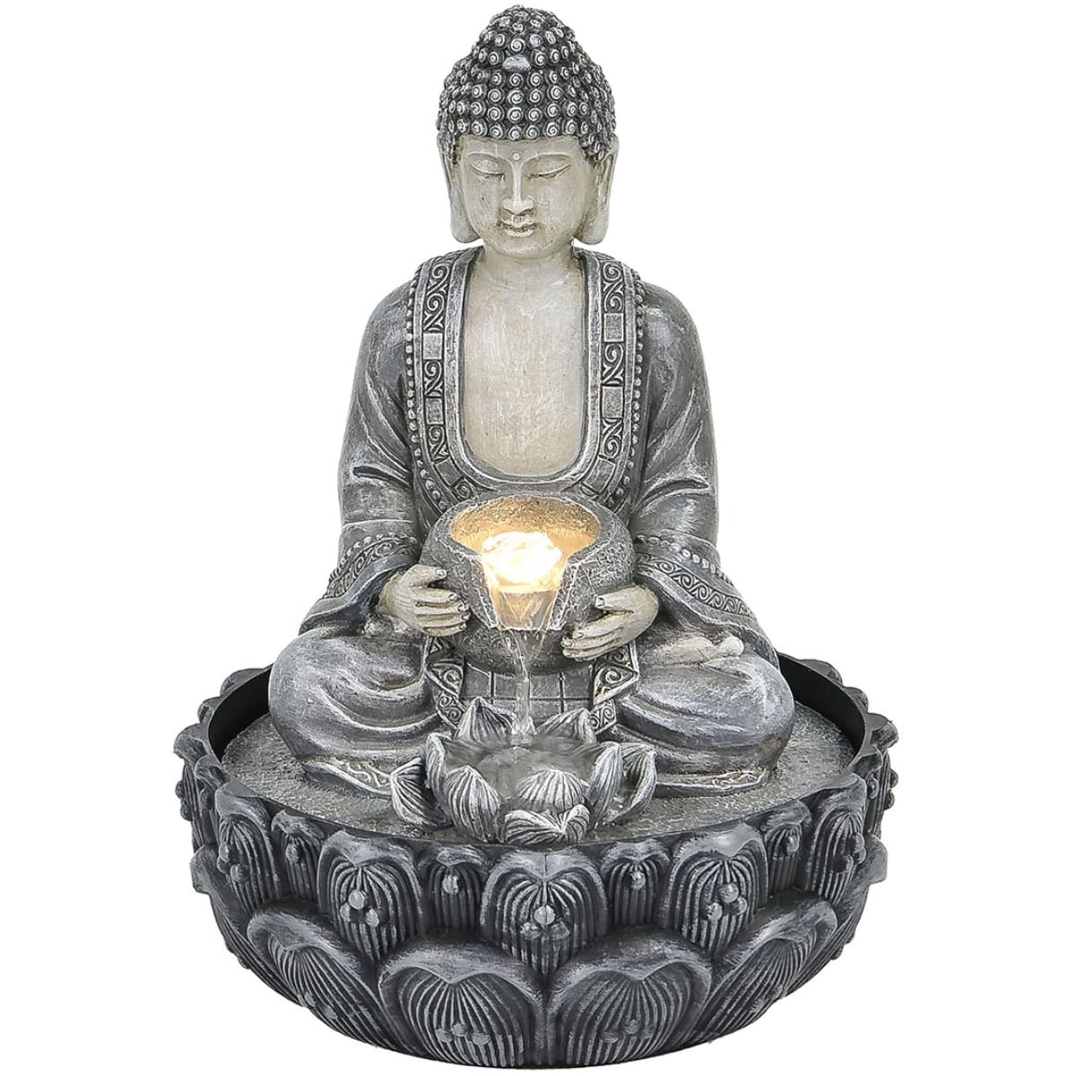 Fontaine Bouddha gris avec lotus LED et 2 vasques de 27 cm