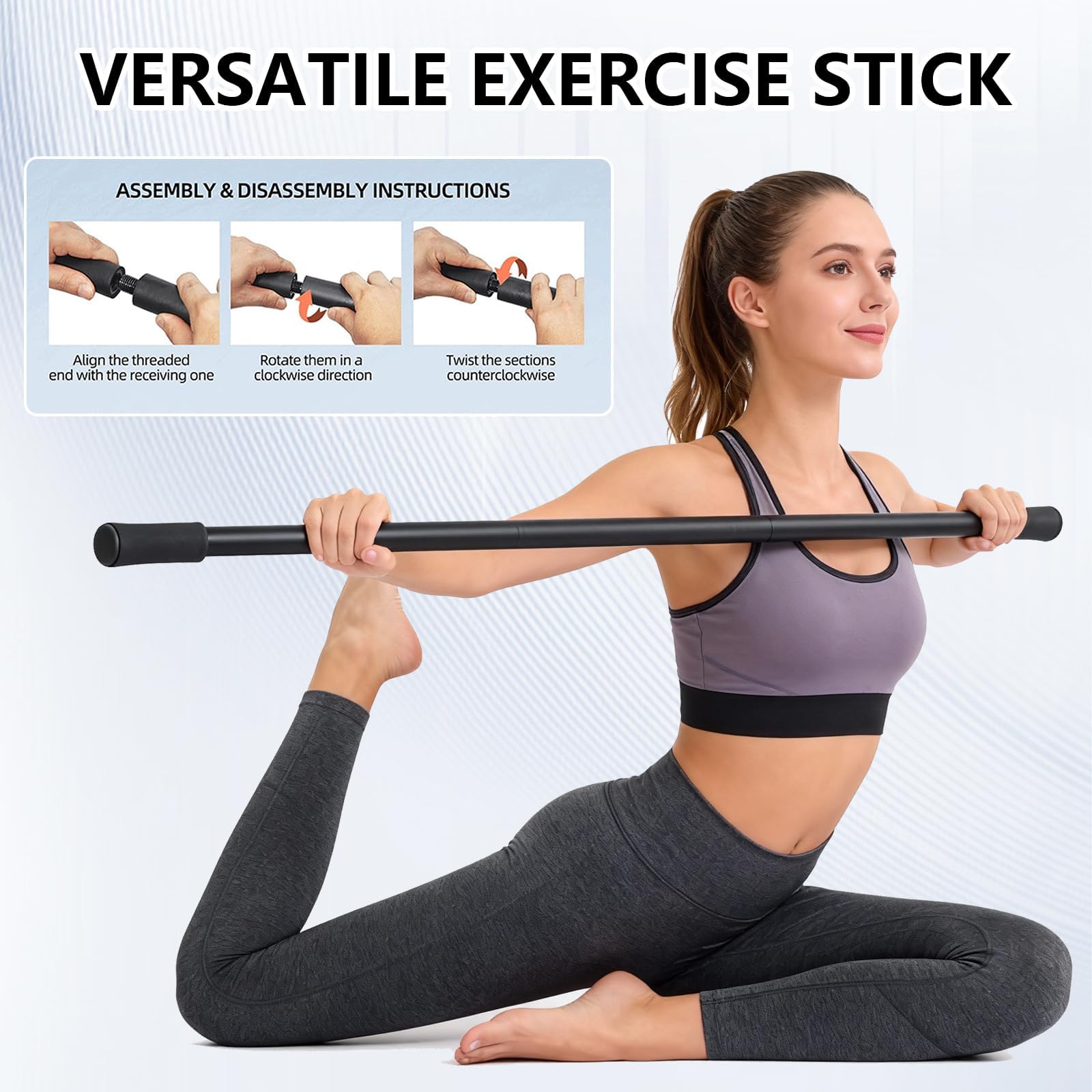 Barra de Yoga, Bastón de Yoga Portátil 151 cm, Ajustable Barra Gimnasio Fitness para Pilates Yogas, Equipo de Entrenamiento de Ayuda Depor para Flexibilidad y Fuerza para Hogar Gimnasio