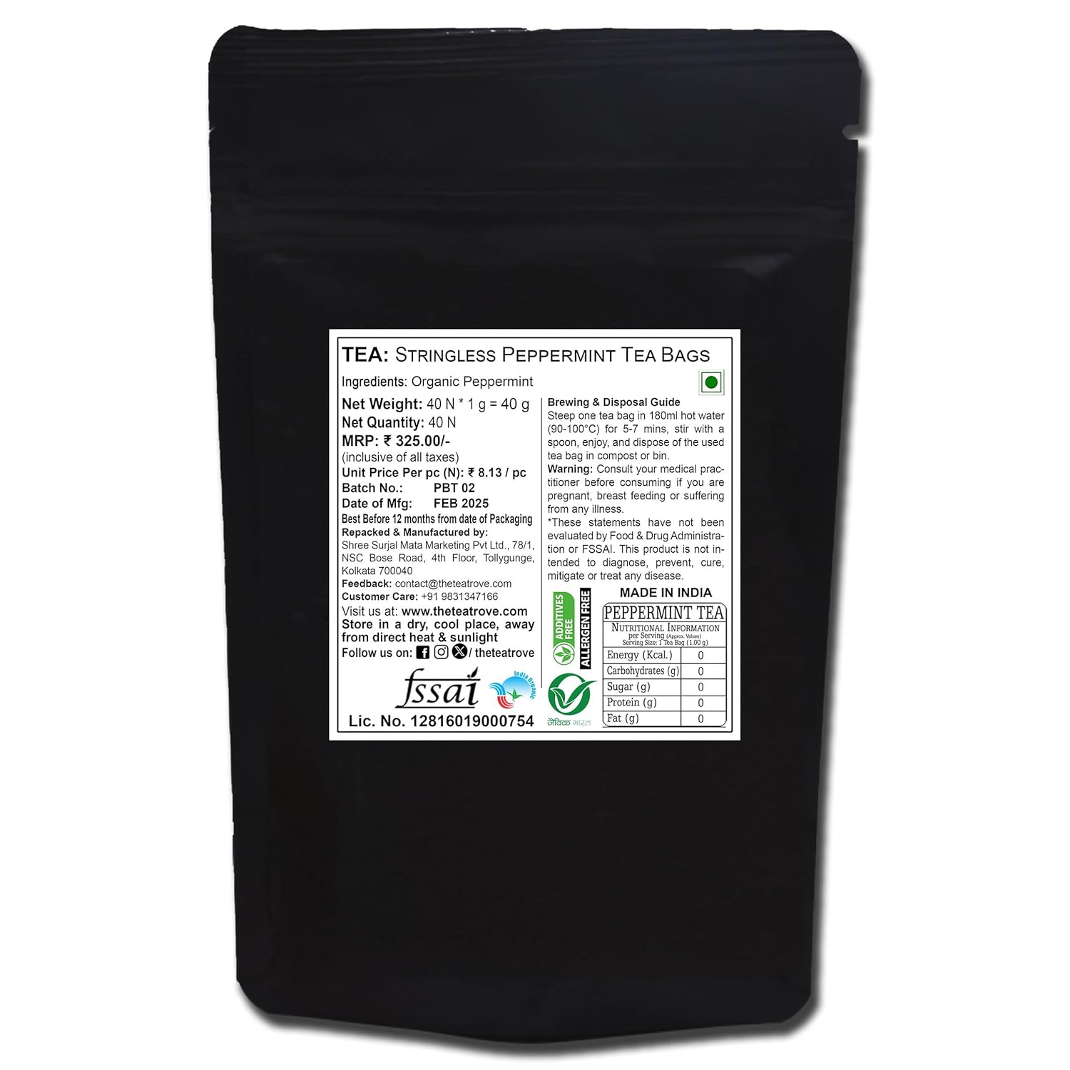 Buy Now The Tea Trove Herbal Peppermint Tea Bag Organic-40 Caffeine ...