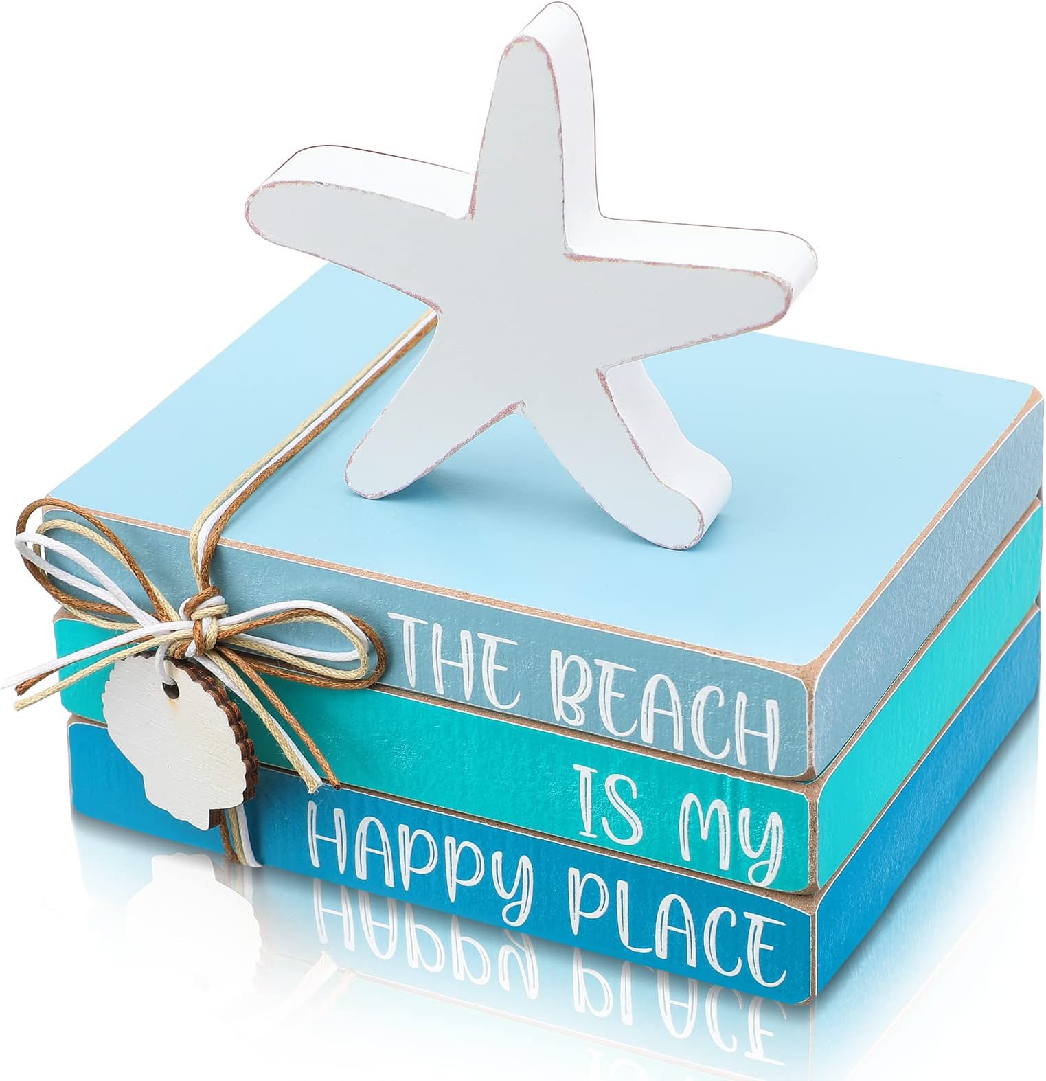 4 Pieces Beach Wooden Decor Beach Tiered Tray Decor Mini Wood Book Stacks Beach Decorative Books Wooden Book Rustic Farmhouse Decor Decorative with Tag for Tiered Tray Decor (Starfish Shell)